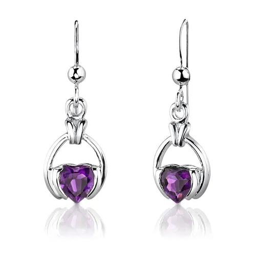 Amethyst Simple Heart Shape Earrings Pendant Necklace Sterling Silver Jewelry Set