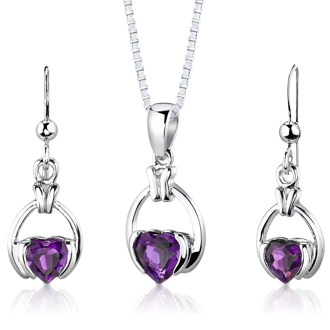 Amethyst Simple Heart Shape Earrings Pendant Necklace Sterling Silver Jewelry Set