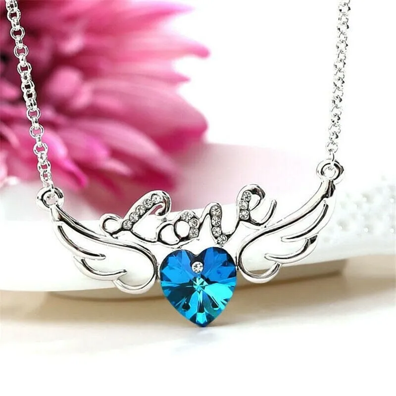 Angel Wings Aquamarine Crystal Pendant Necklace