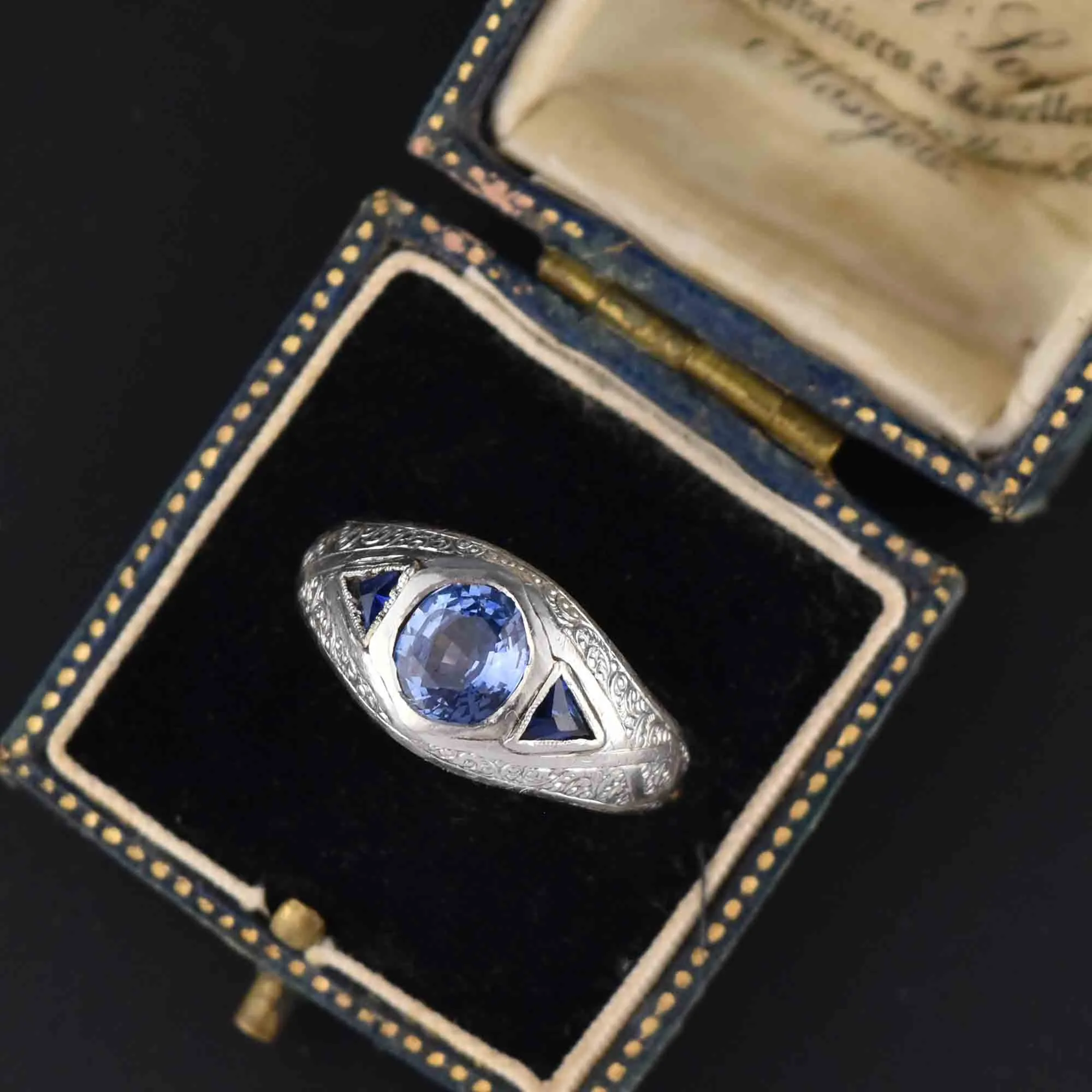 Antique Art Deco Platinum Sapphire Ring, Unisex Mens