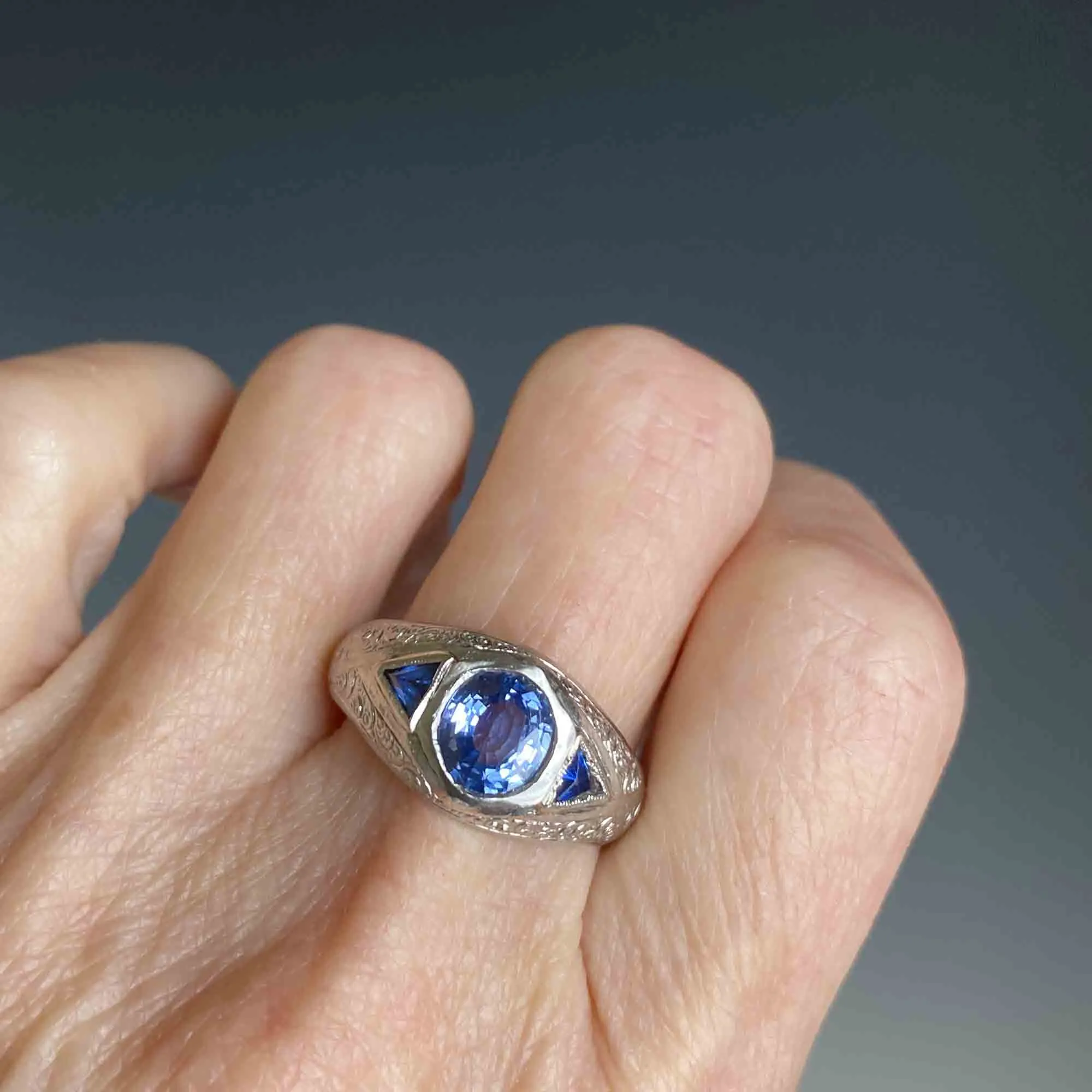 Antique Art Deco Platinum Sapphire Ring, Unisex Mens