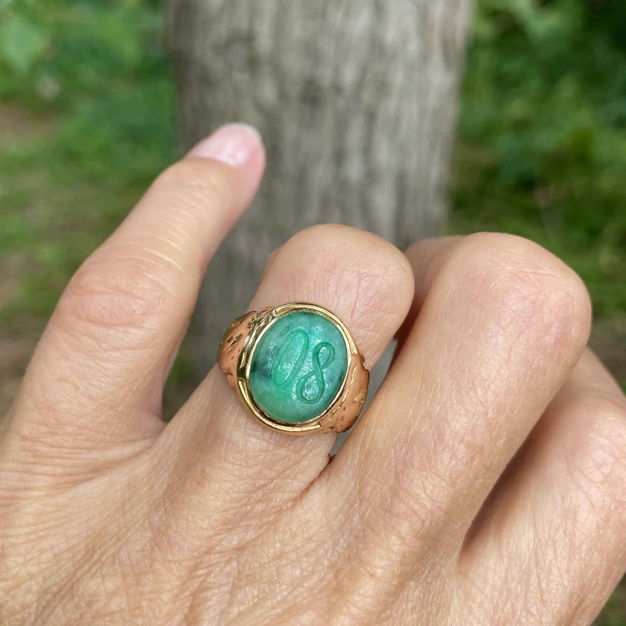 Antique Edwardian 1908 HorseShoe Signet Jade Ring