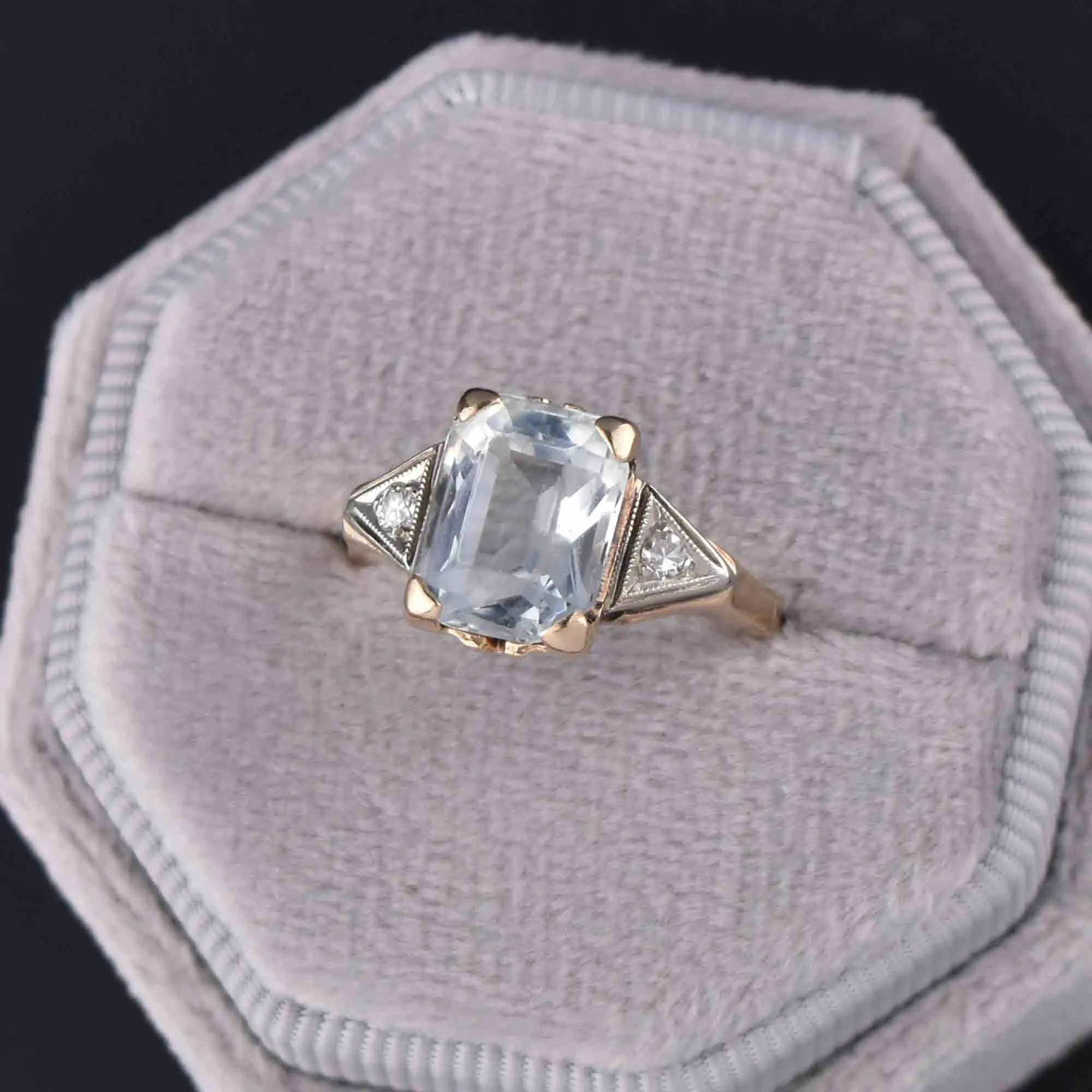 Art Deco 14K Gold Diamond Aquamarine Ring