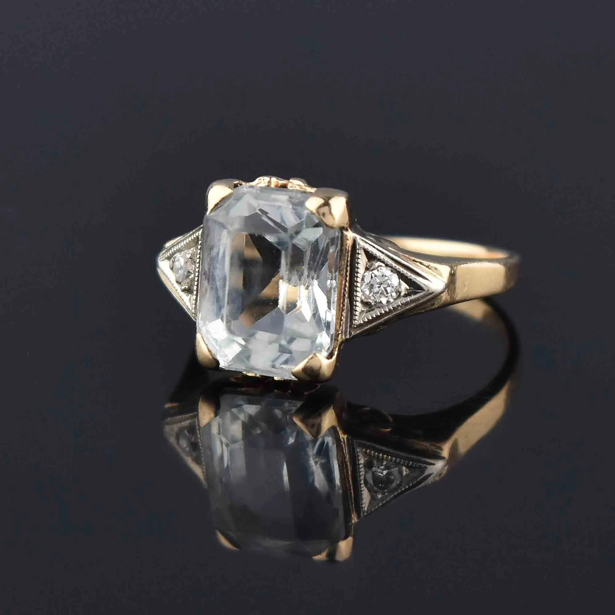 Art Deco 14K Gold Diamond Aquamarine Ring