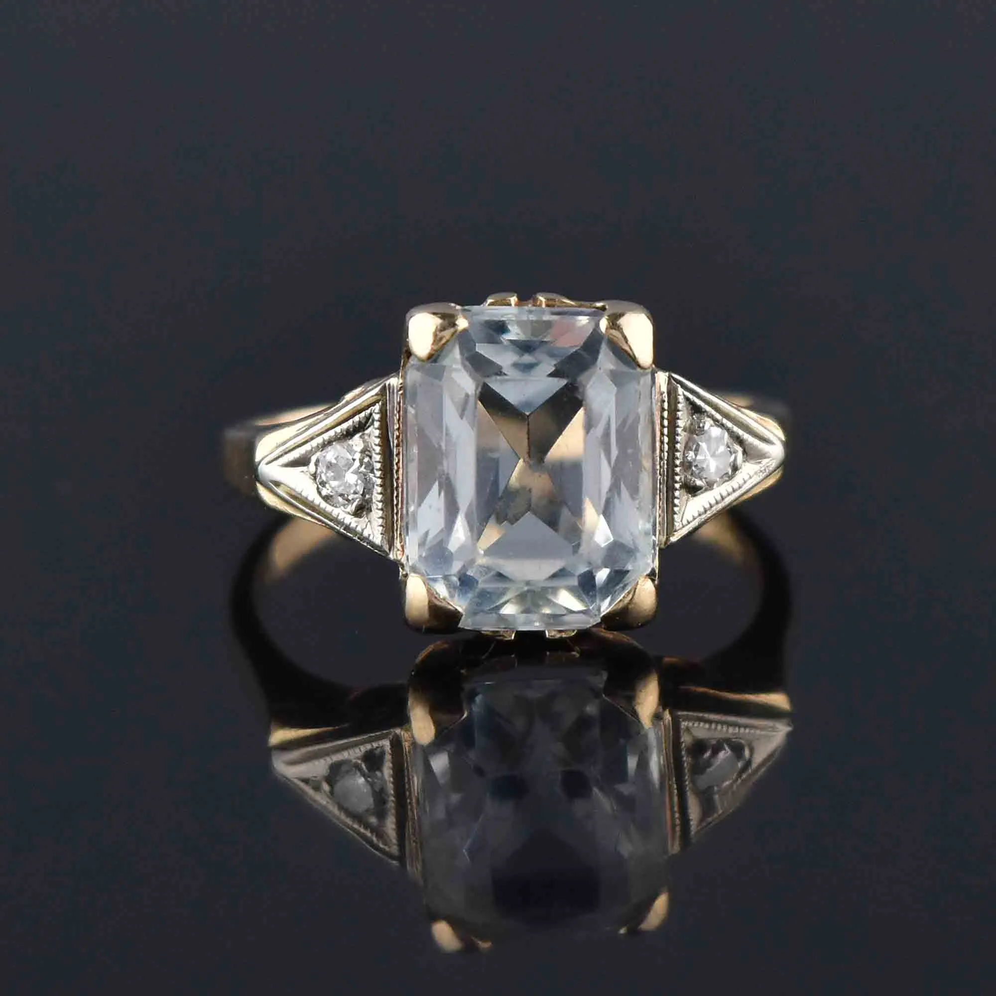 Art Deco 14K Gold Diamond Aquamarine Ring