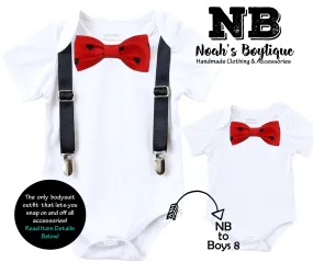 Baby Boy Valentines Day Outfit with Black Suspenders Heart Bow Tie