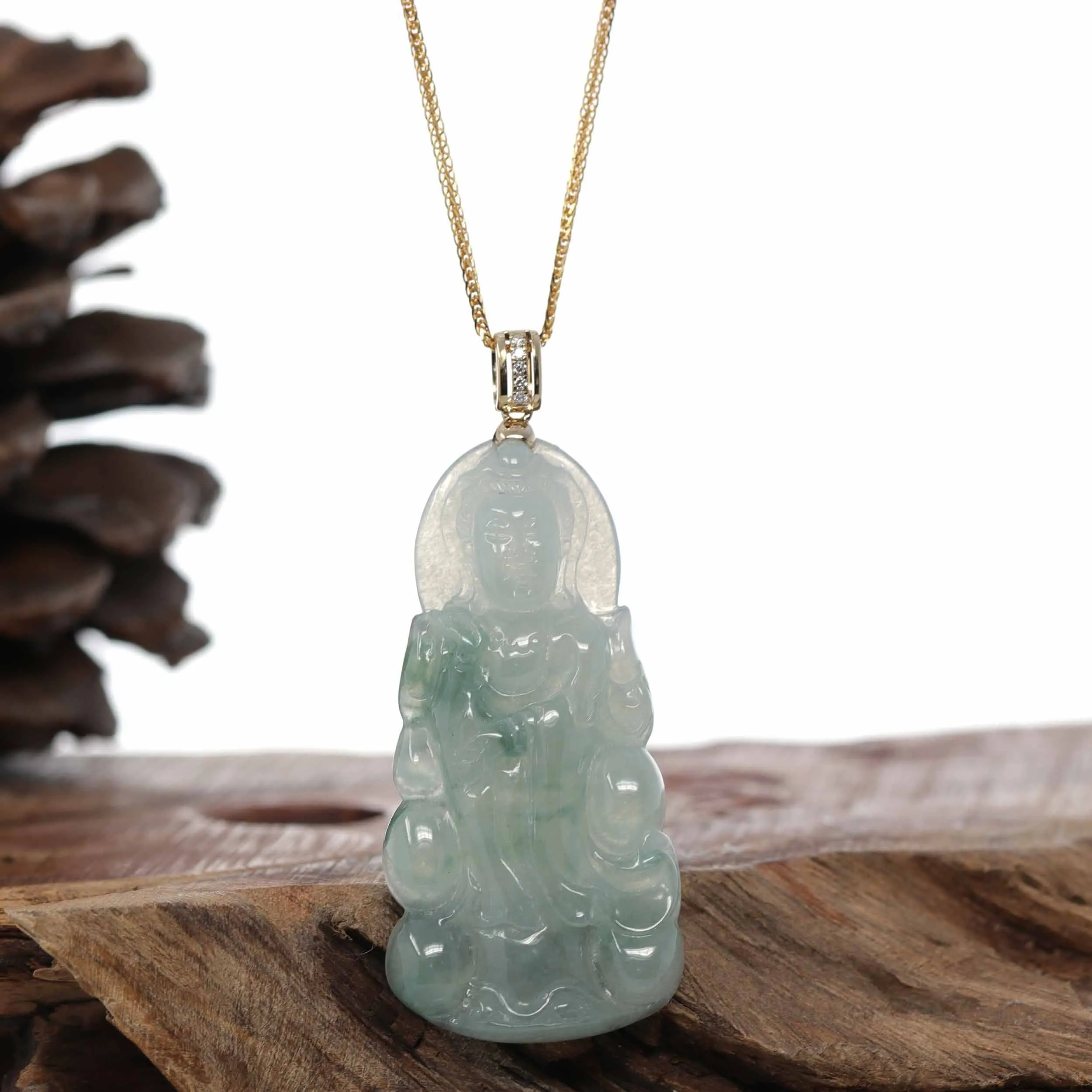 Baikalla 14k Yellow Gold "Goddess of Compassion" Genuine Ice Burmese Jadeite Jade Guanyin Necklace With Gold Bail