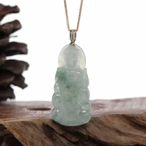 Baikalla 14k Yellow Gold "Goddess of Compassion" Genuine Ice Burmese Jadeite Jade Guanyin Necklace With Gold Bail