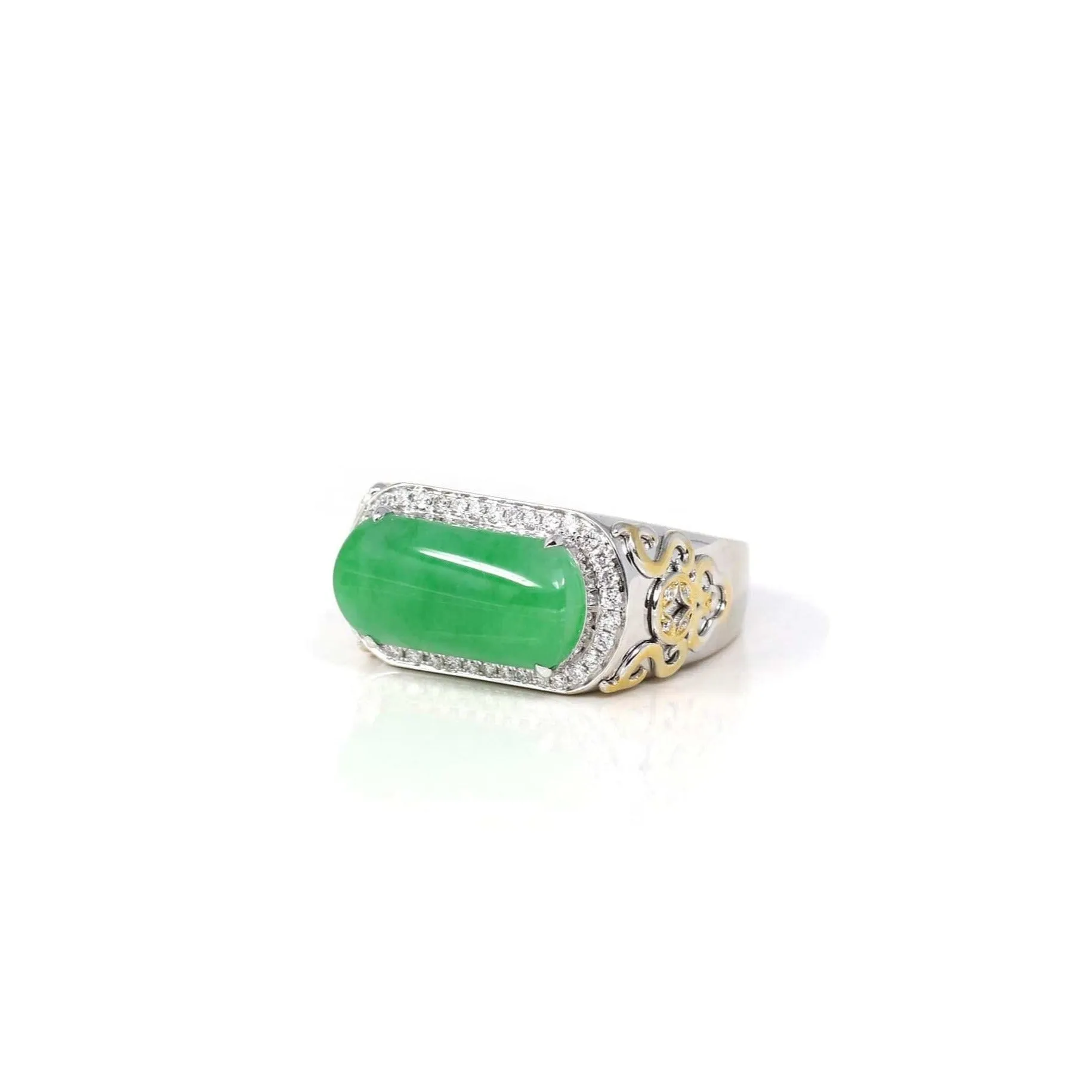 Baikalla 18k White 2 Tone Gold Natural Imperial Green Jadeite Jade Men's Ring