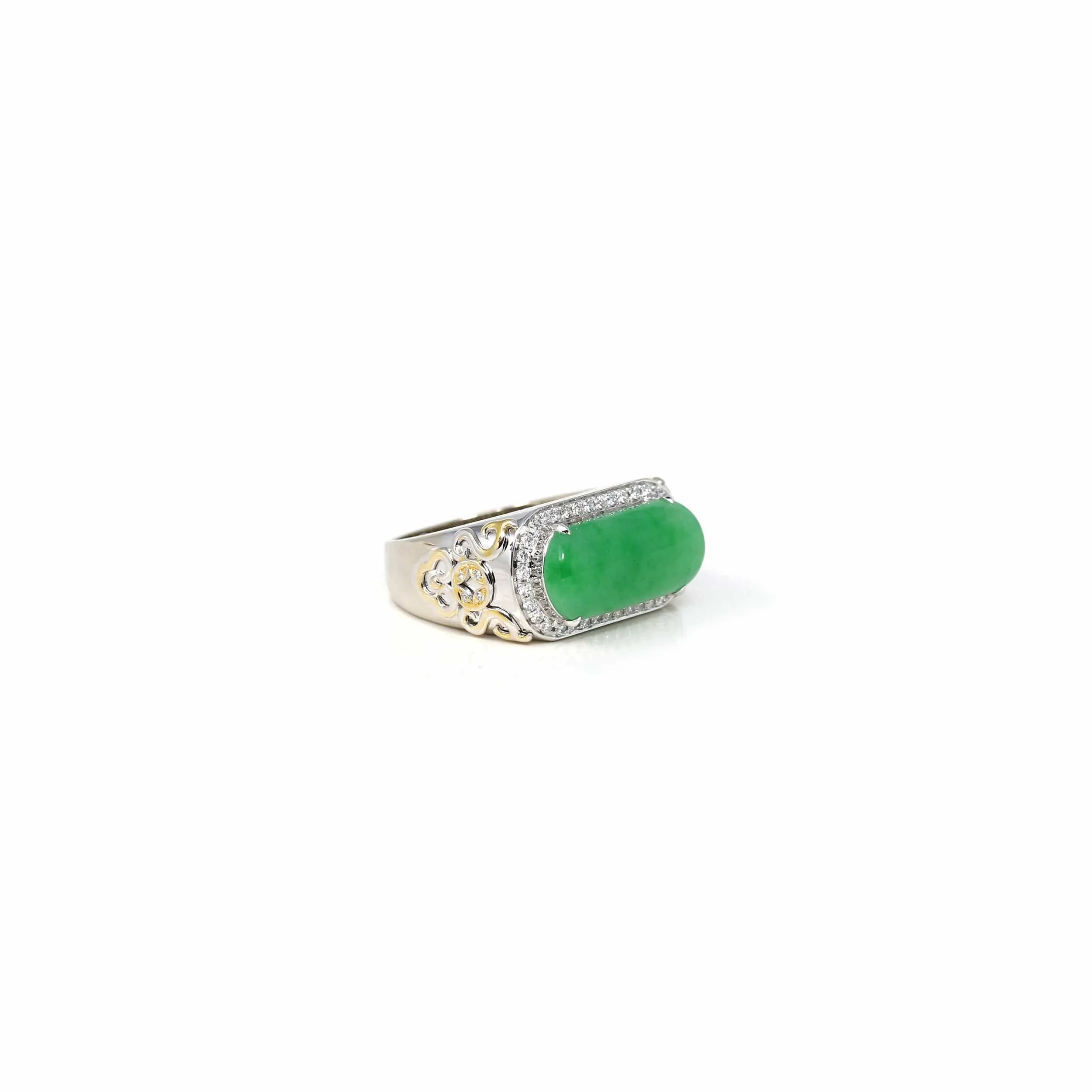 Baikalla 18k White 2 Tone Gold Natural Imperial Green Jadeite Jade Men's Ring