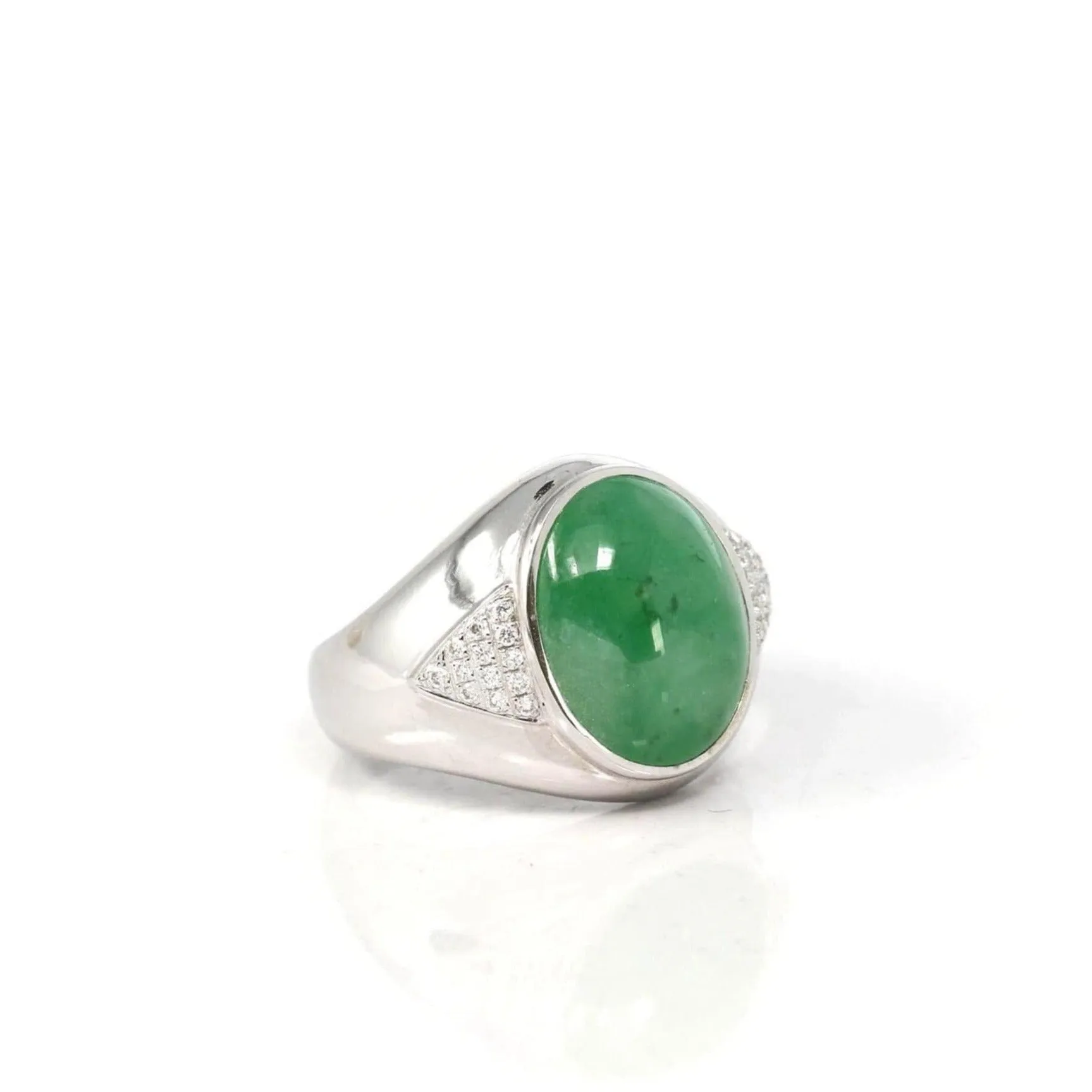 Baikalla 18k White Gold Imperial Green Jadeite Jade Men's Ring With VS1 Diamonds