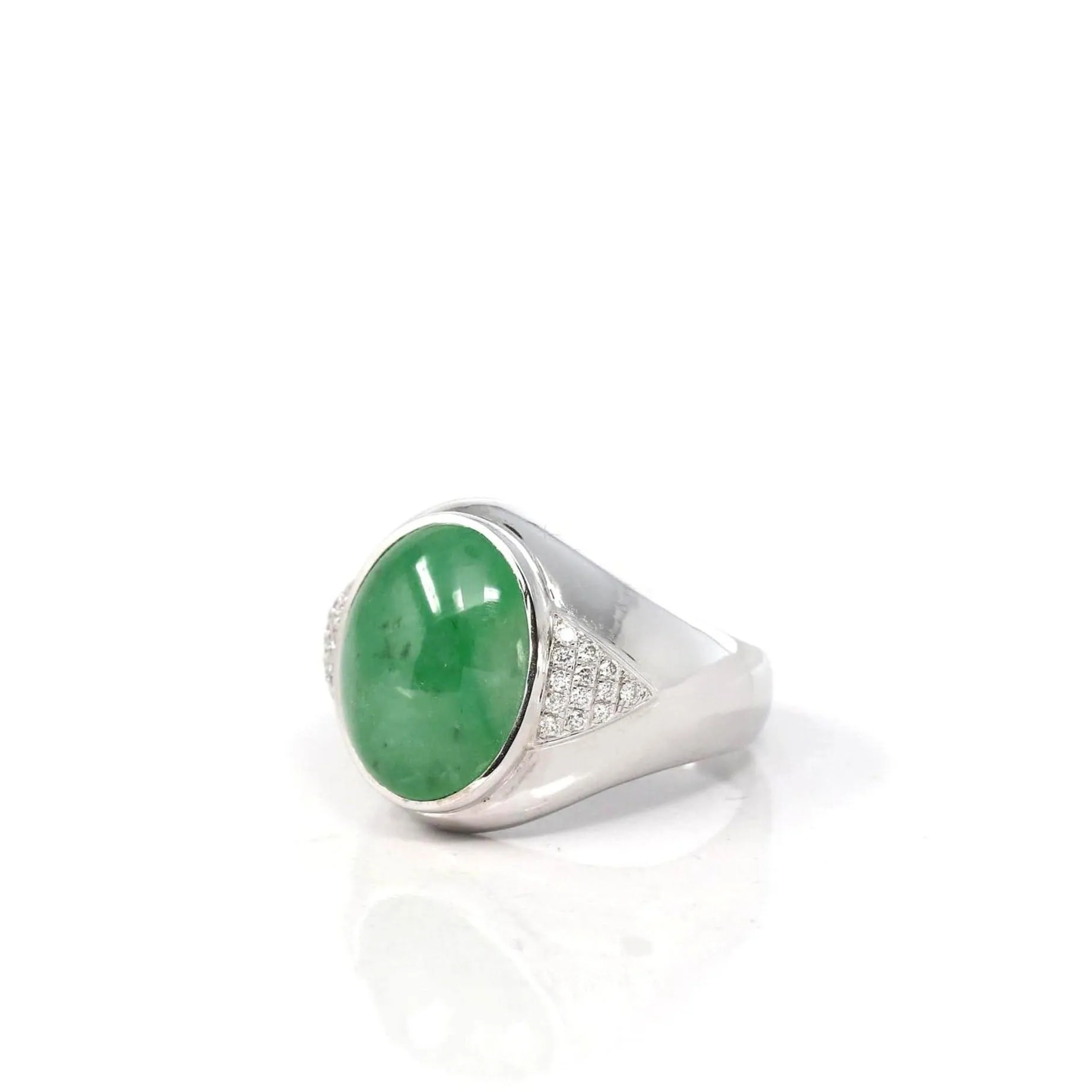 Baikalla 18k White Gold Imperial Green Jadeite Jade Men's Ring With VS1 Diamonds