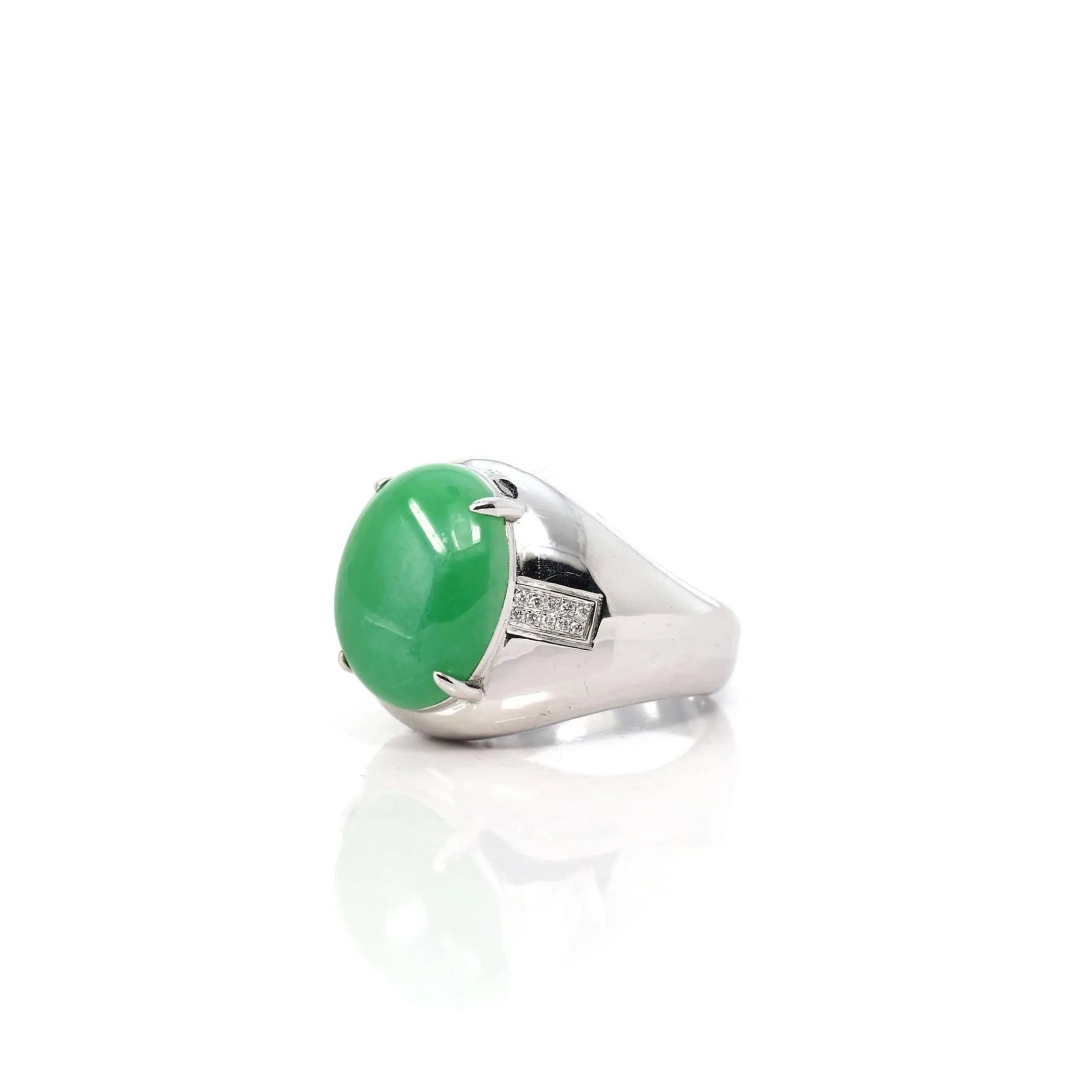 Baikalla 18k White Gold Imperial Green Jadeite Jade Men's Ring With VS1 Diamonds