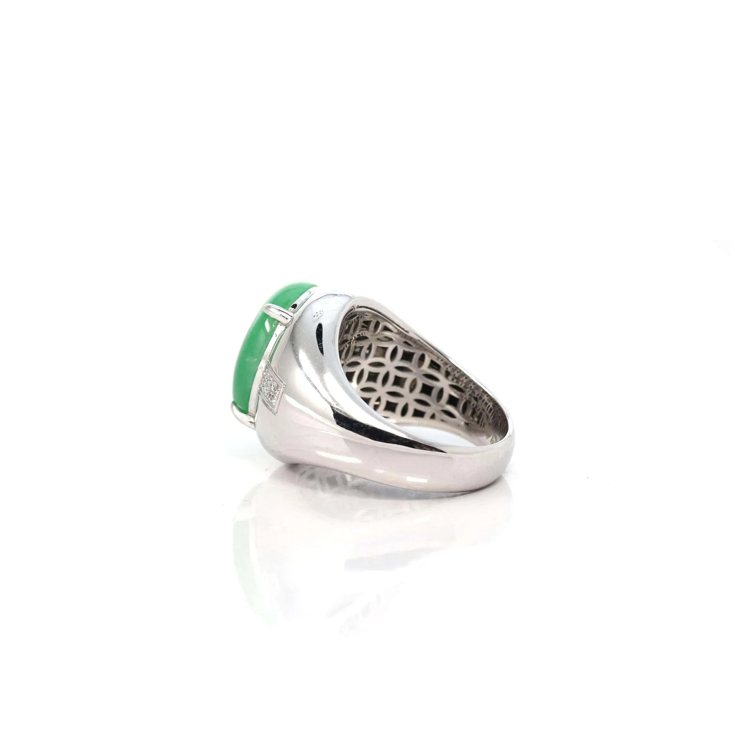 Baikalla 18k White Gold Imperial Green Jadeite Jade Men's Ring With VS1 Diamonds