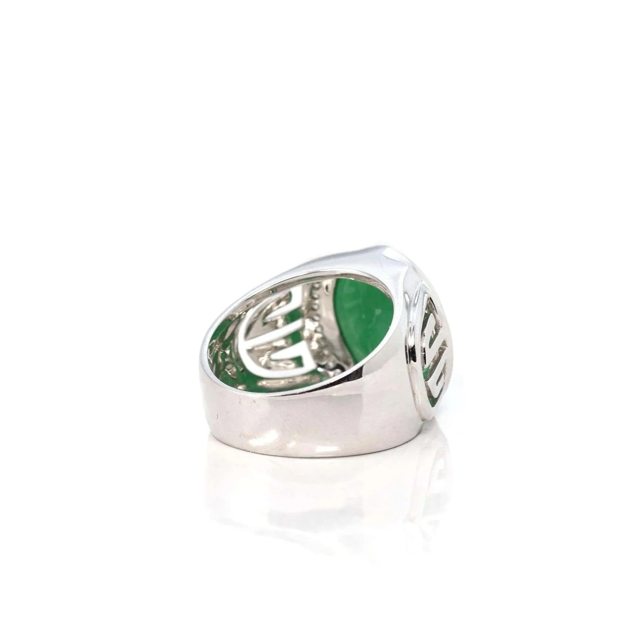 Baikalla 18k White Gold Natural Imperial Green Jadeite Jade Men's Signet Ring