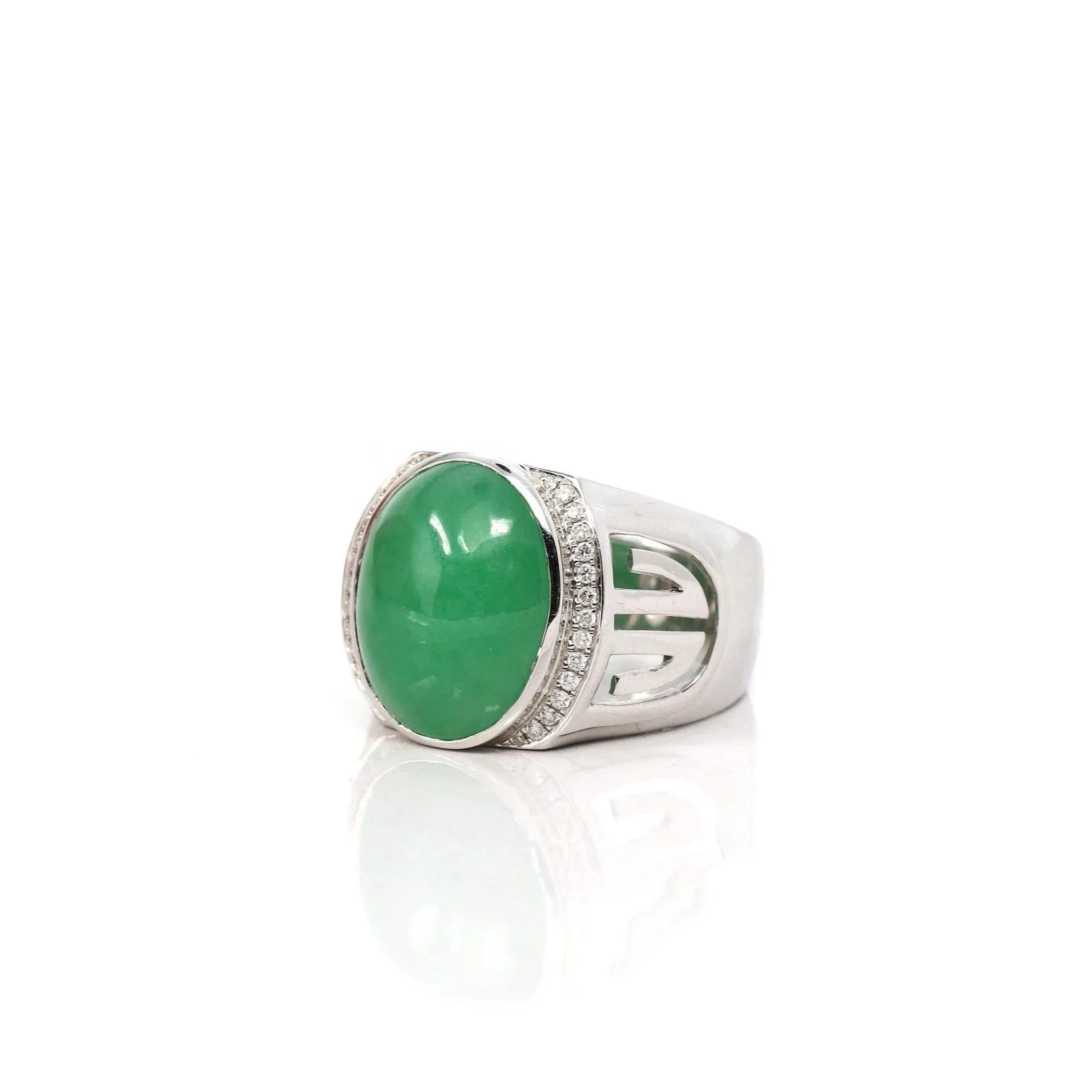 Baikalla 18k White Gold Natural Imperial Green Jadeite Jade Men's Signet Ring