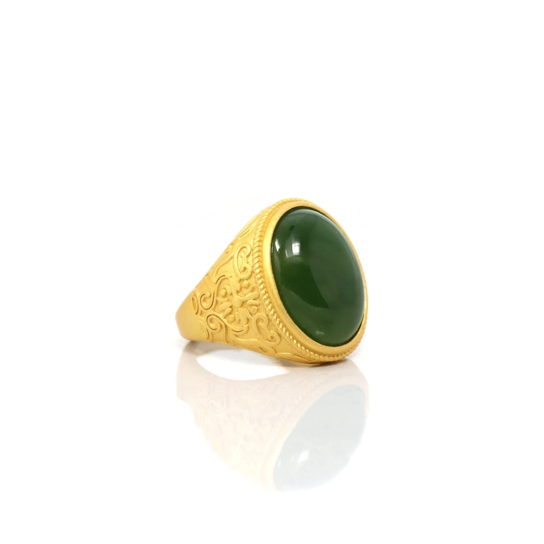 Baikalla Gold Plated Sterling Silver Green Nephrite Jade Men's Fancy Signet Ring