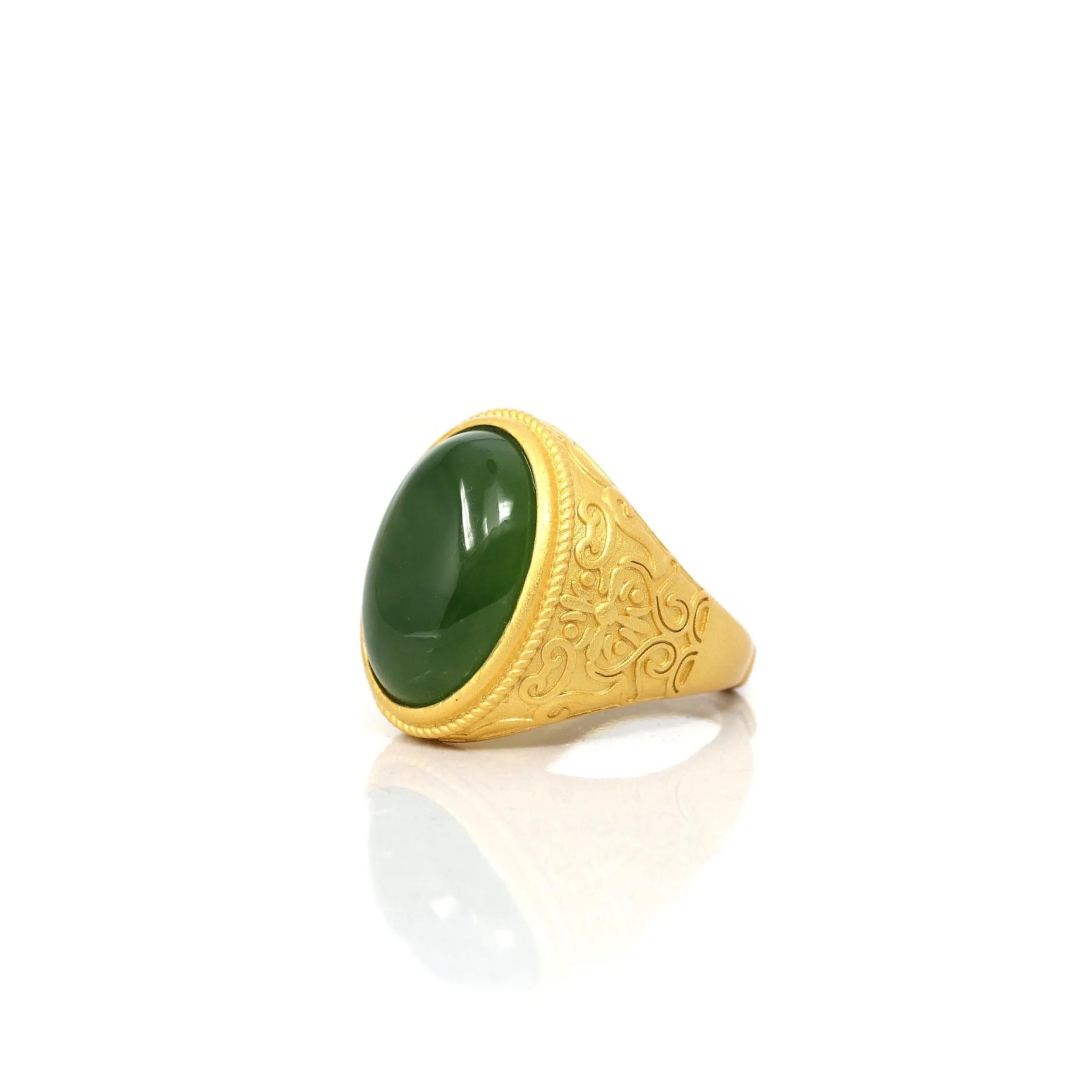 Baikalla Gold Plated Sterling Silver Green Nephrite Jade Men's Fancy Signet Ring