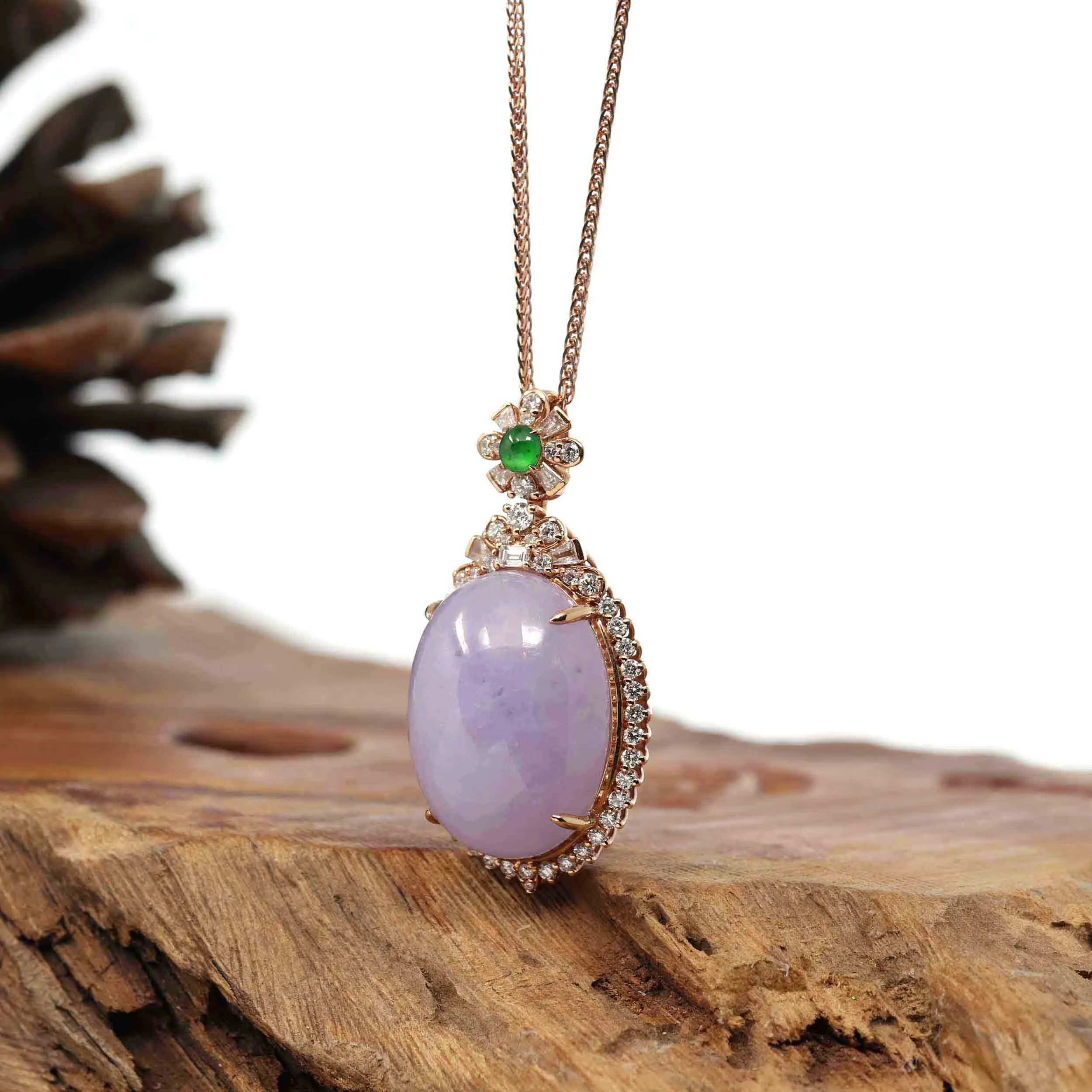 Baikalla High-end 18k Rose Gold Burmese Lavender Jadeite Jade Pendant Necklace with Diamond