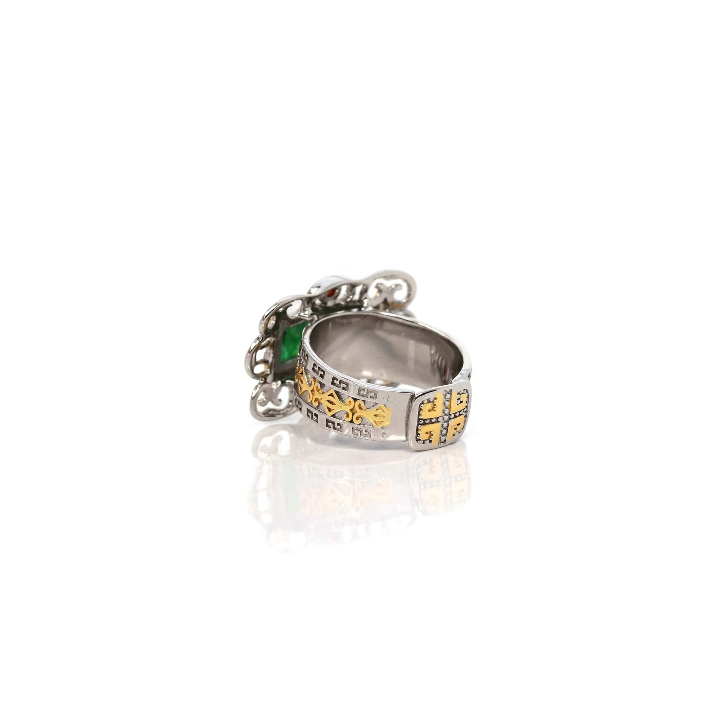 Baikalla "Antique Style" Sterling Silver Gold Plated Jadeite Jade Adjustable Ring With Agate Accents