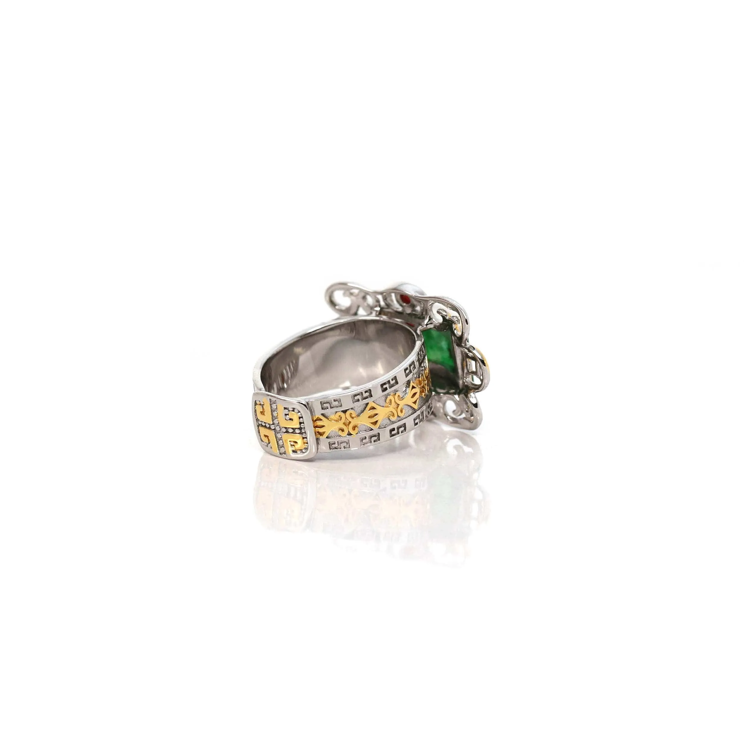 Baikalla "Antique Style" Sterling Silver Gold Plated Jadeite Jade Adjustable Ring With Agate Accents