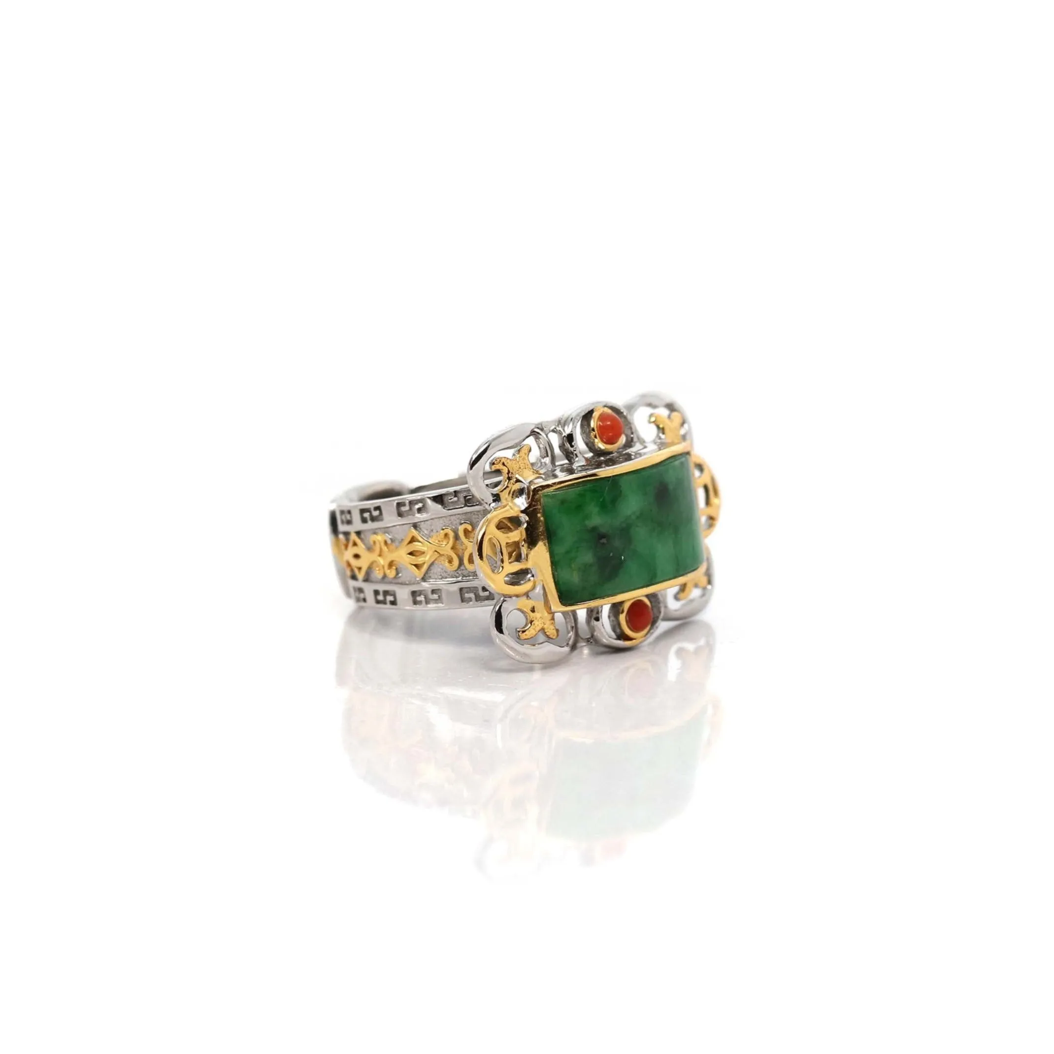 Baikalla "Antique Style" Sterling Silver Gold Plated Jadeite Jade Adjustable Ring With Agate Accents