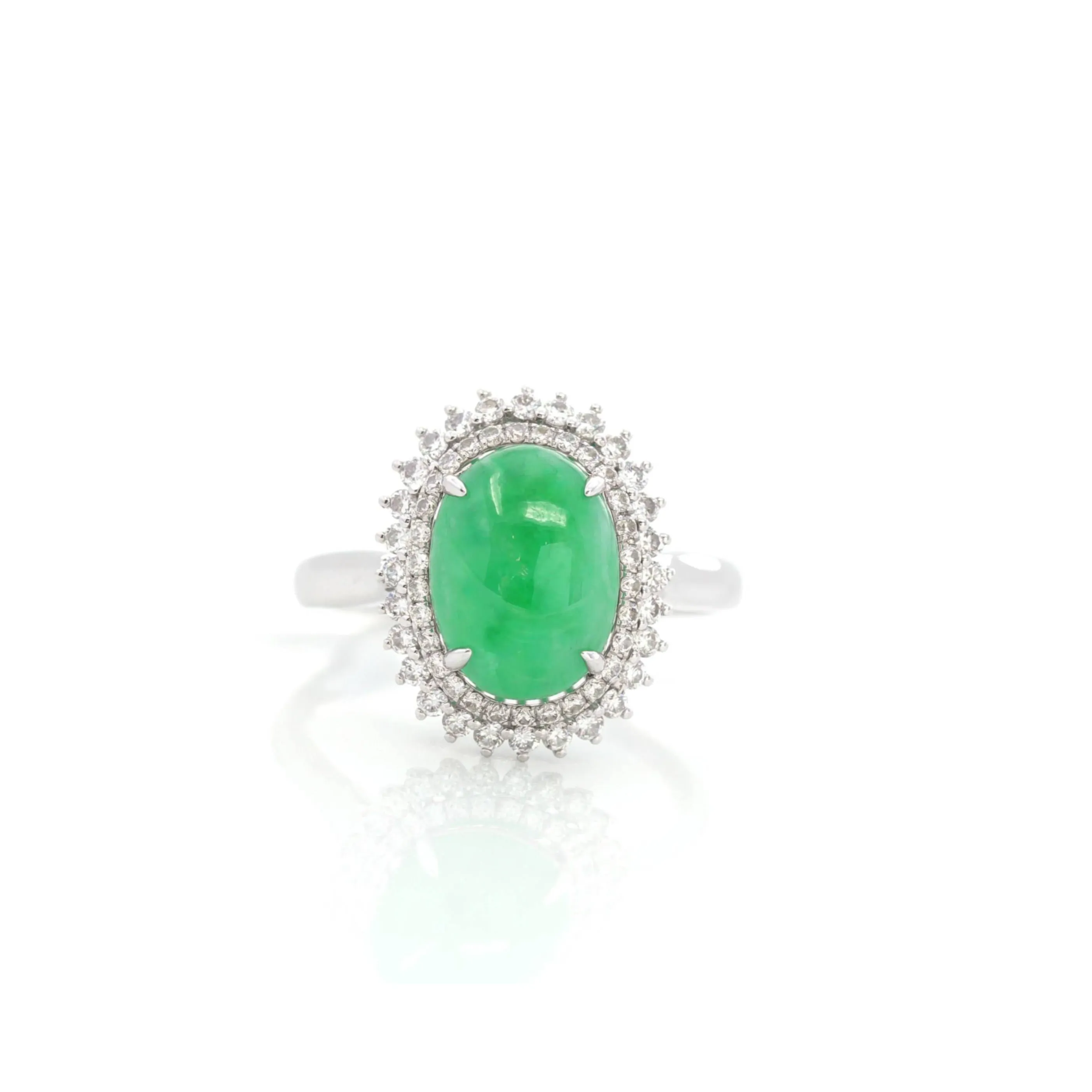 Baikalla? "Classic Double Halo" 18k White Gold Natural Imperial Green Jadeite Engagement Ring With Diamonds