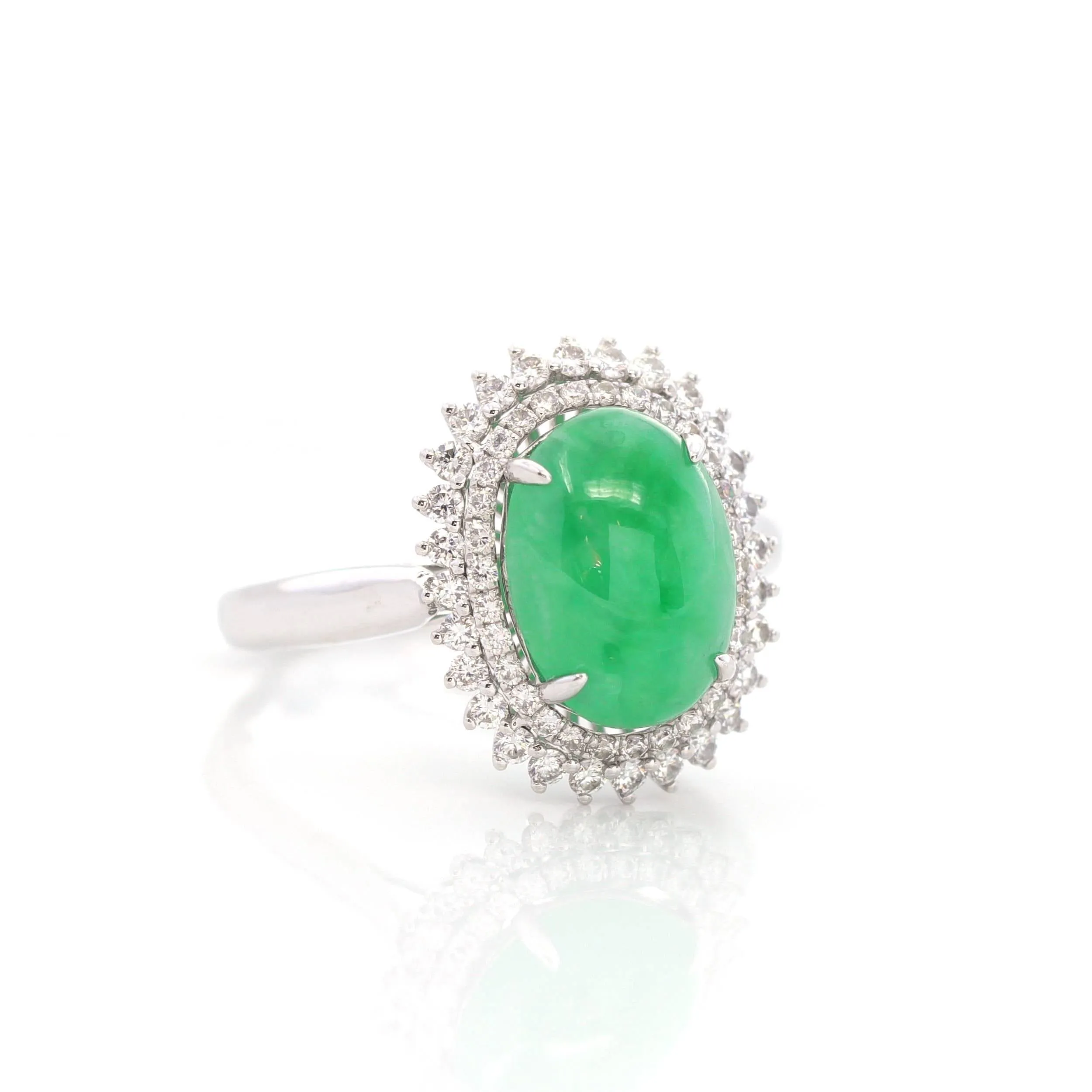 Baikalla? "Classic Double Halo" 18k White Gold Natural Imperial Green Jadeite Engagement Ring With Diamonds