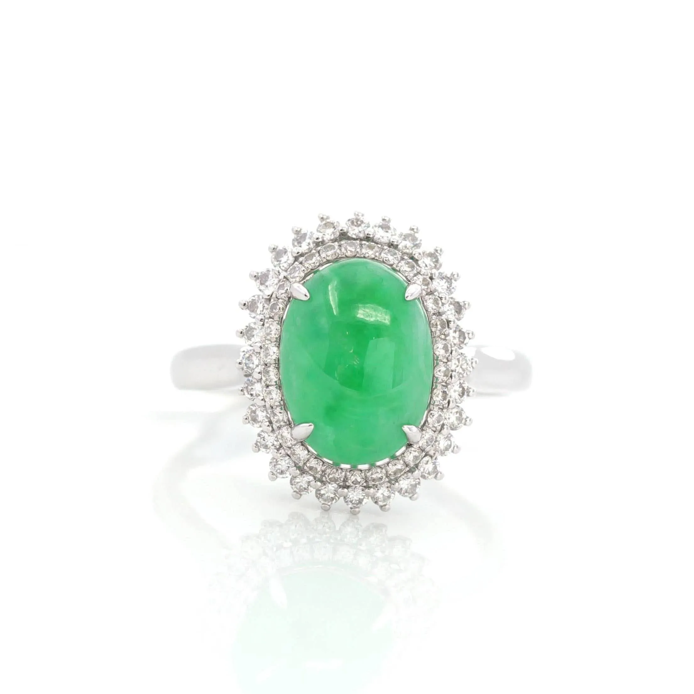 Baikalla? "Classic Double Halo" 18k White Gold Natural Imperial Green Jadeite Engagement Ring With Diamonds