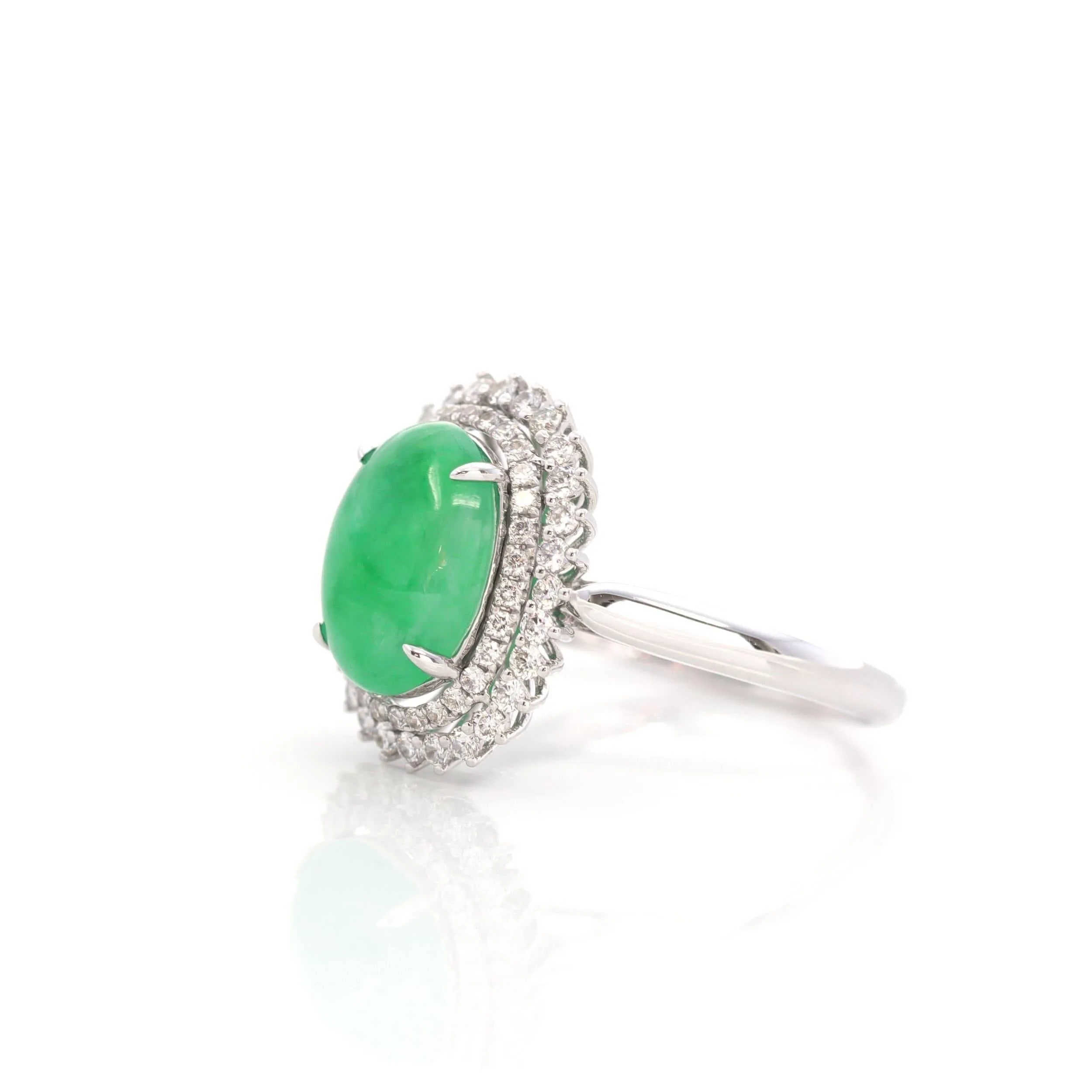 Baikalla? "Classic Double Halo" 18k White Gold Natural Imperial Green Jadeite Engagement Ring With Diamonds