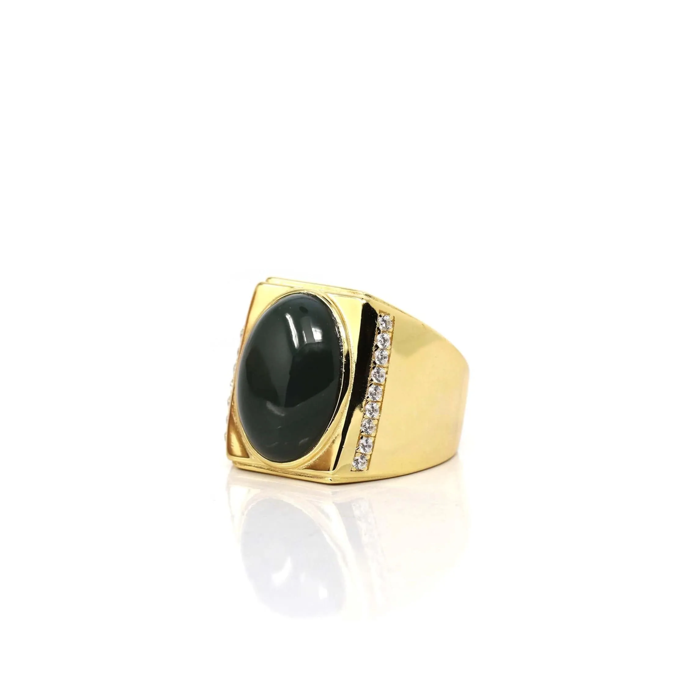 Baikalla "Classic Signet" Gold Plated Sterling Silver Natural Green Nephrite Jade Classic Men's Ring