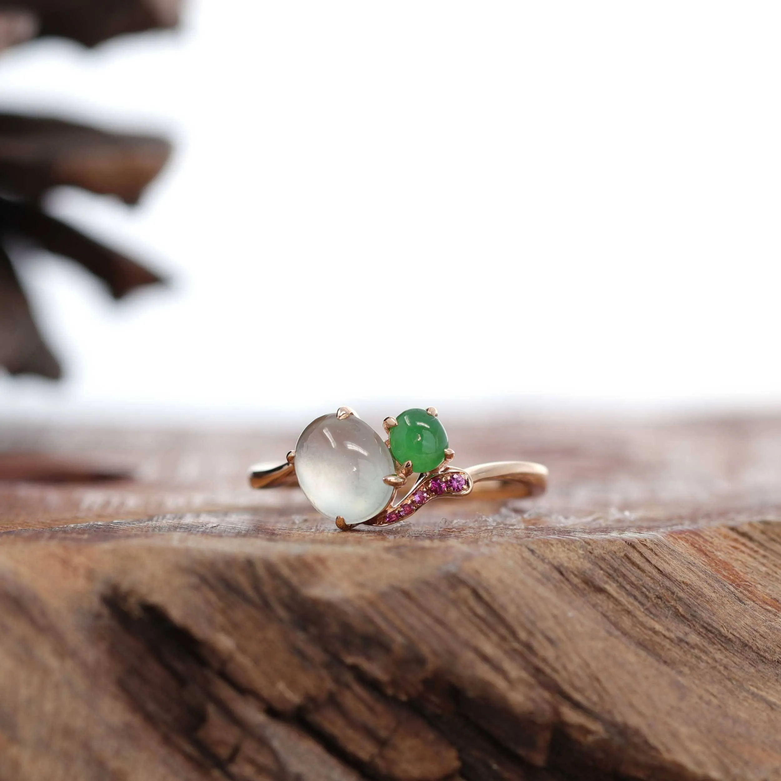 Baikalla? "Elora" 18k Rose Gold Natural Ice & Imperial Jadeite Engagement Ring With Rubies & Diamonds