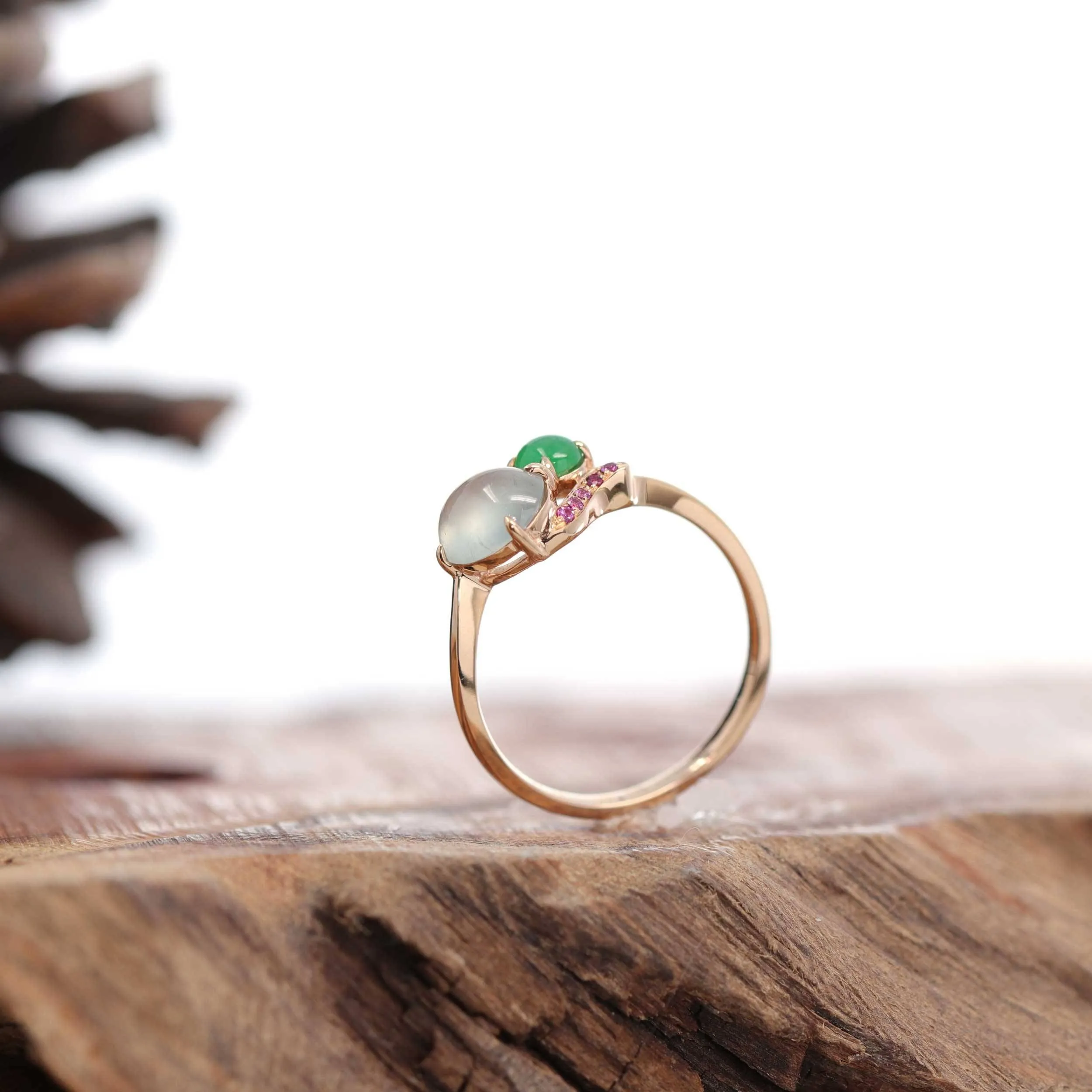 Baikalla? "Elora" 18k Rose Gold Natural Ice & Imperial Jadeite Engagement Ring With Rubies & Diamonds