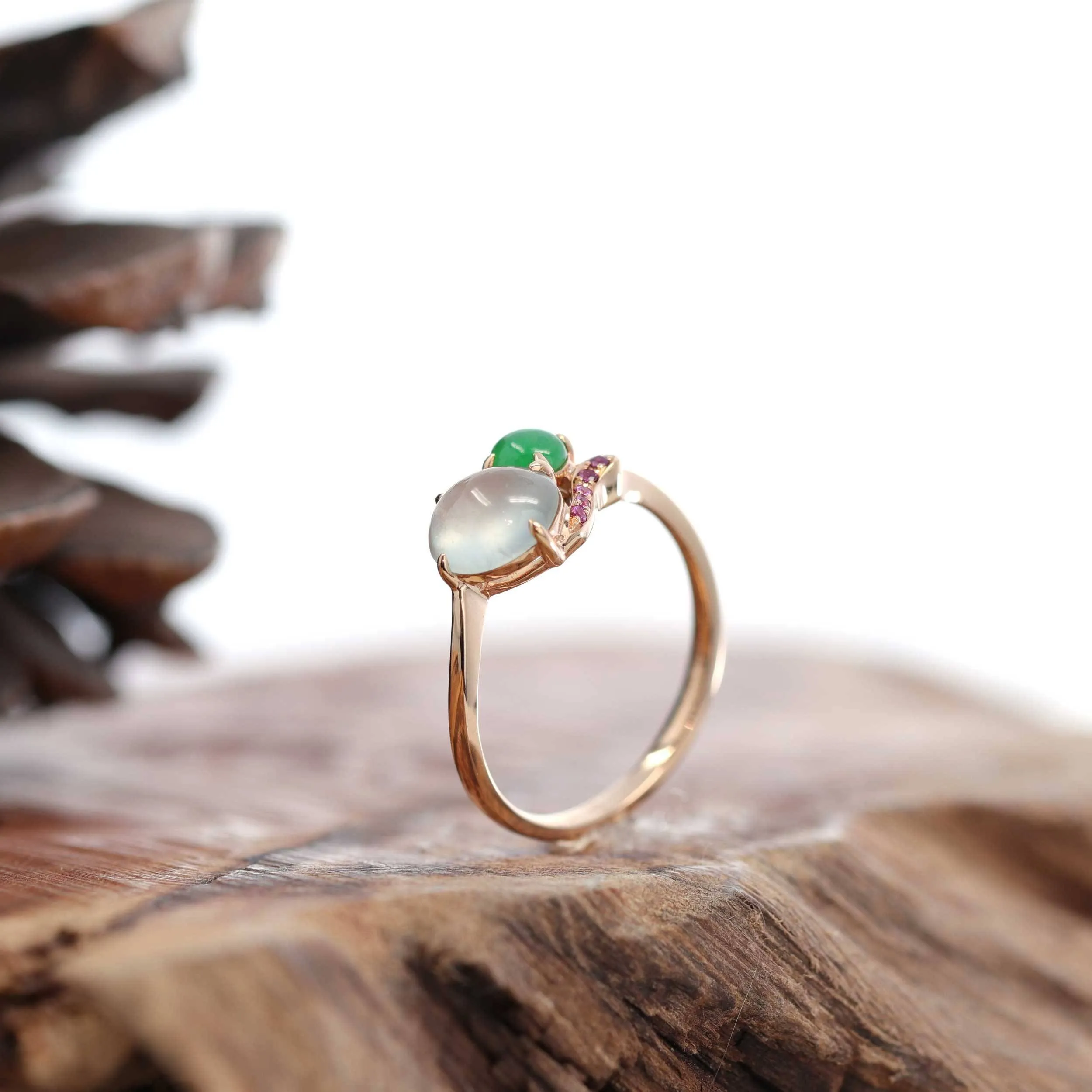 Baikalla? "Elora" 18k Rose Gold Natural Ice & Imperial Jadeite Engagement Ring With Rubies & Diamonds