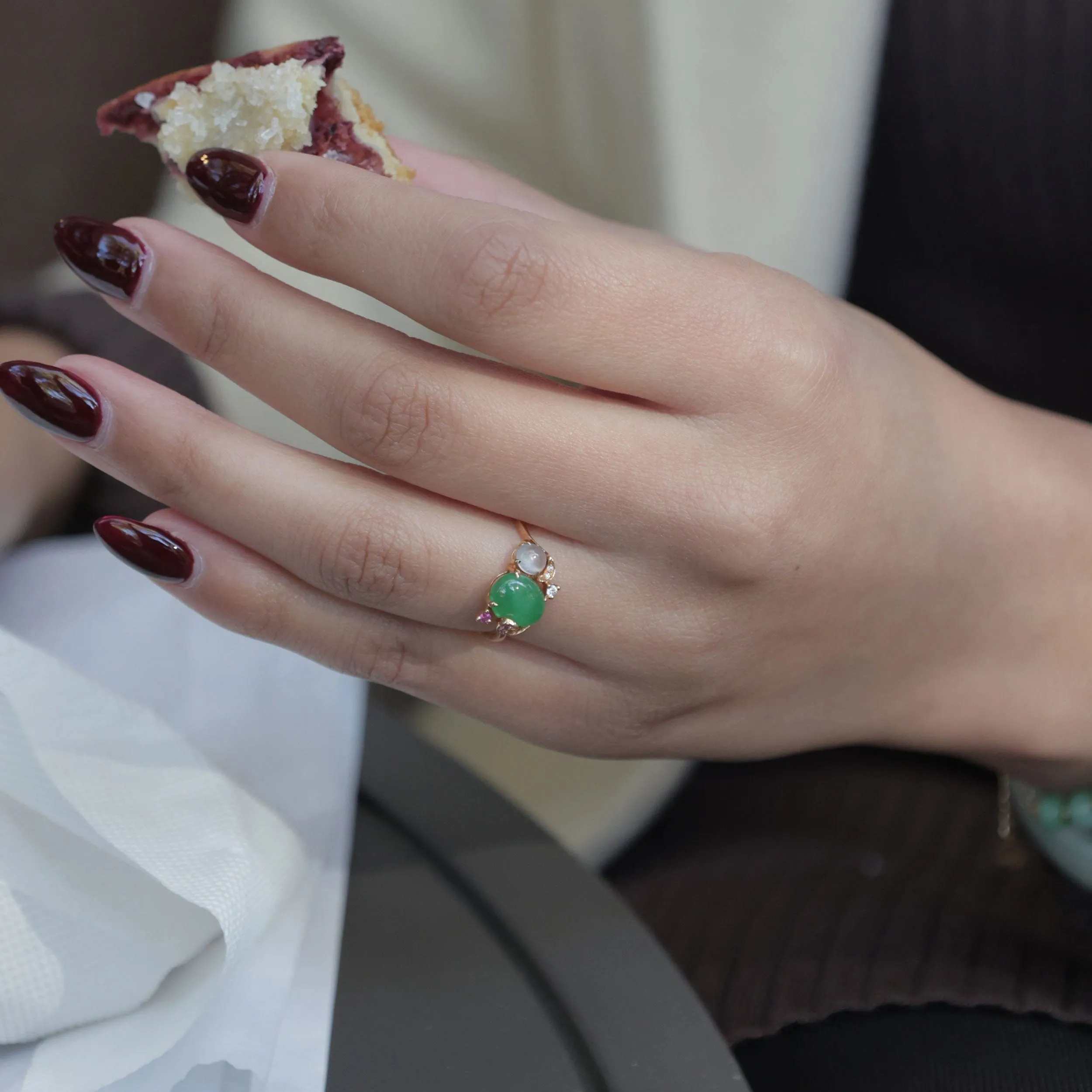 Baikalla? "Karla" 18k Rose Gold Natural Imperial Jadeite Engagement Ring With Rubies & Diamonds