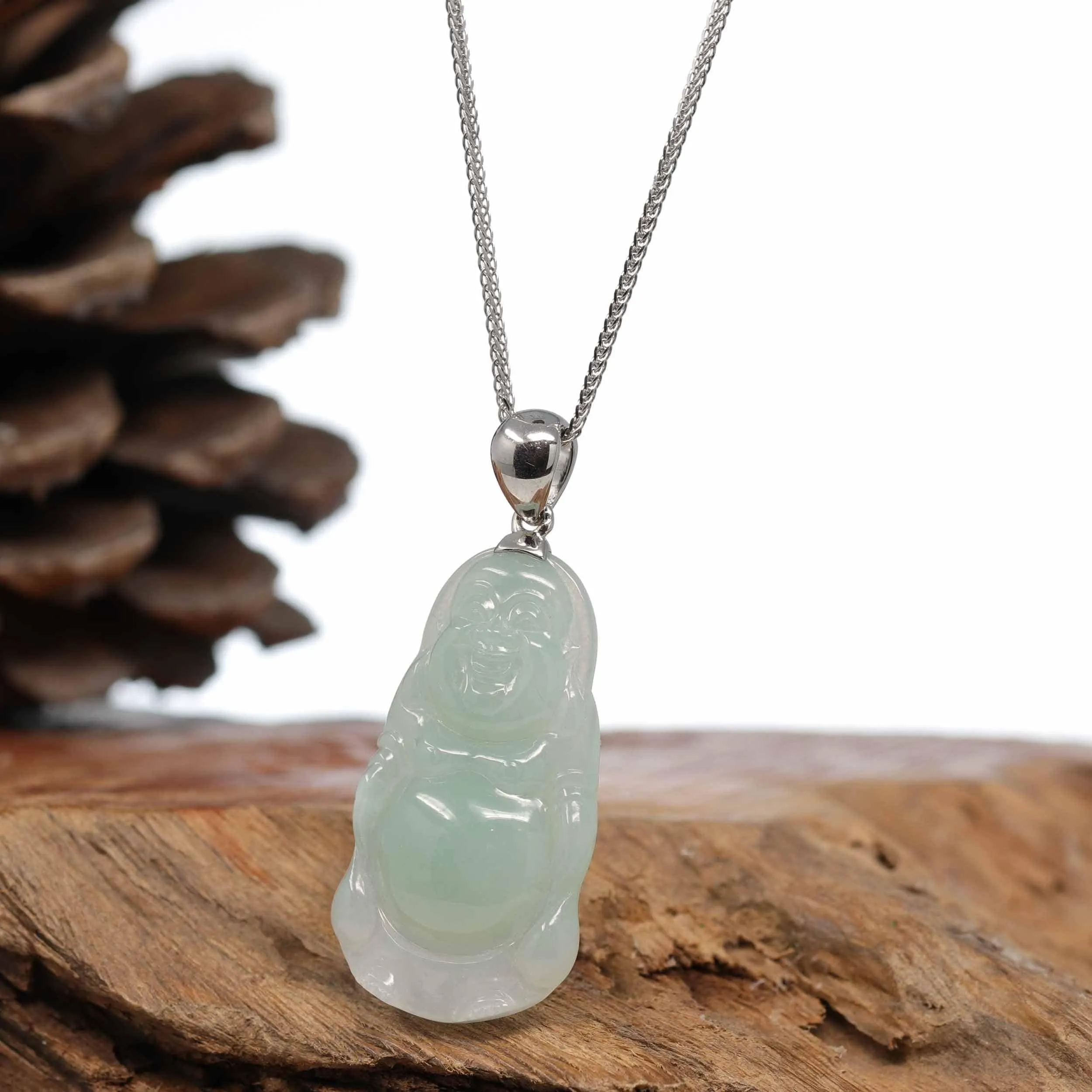 Baikalla? "Laughing Buddha" Genuine Green Jadeite Jade Buddha Pendant Necklace With Strong Silver  Bail