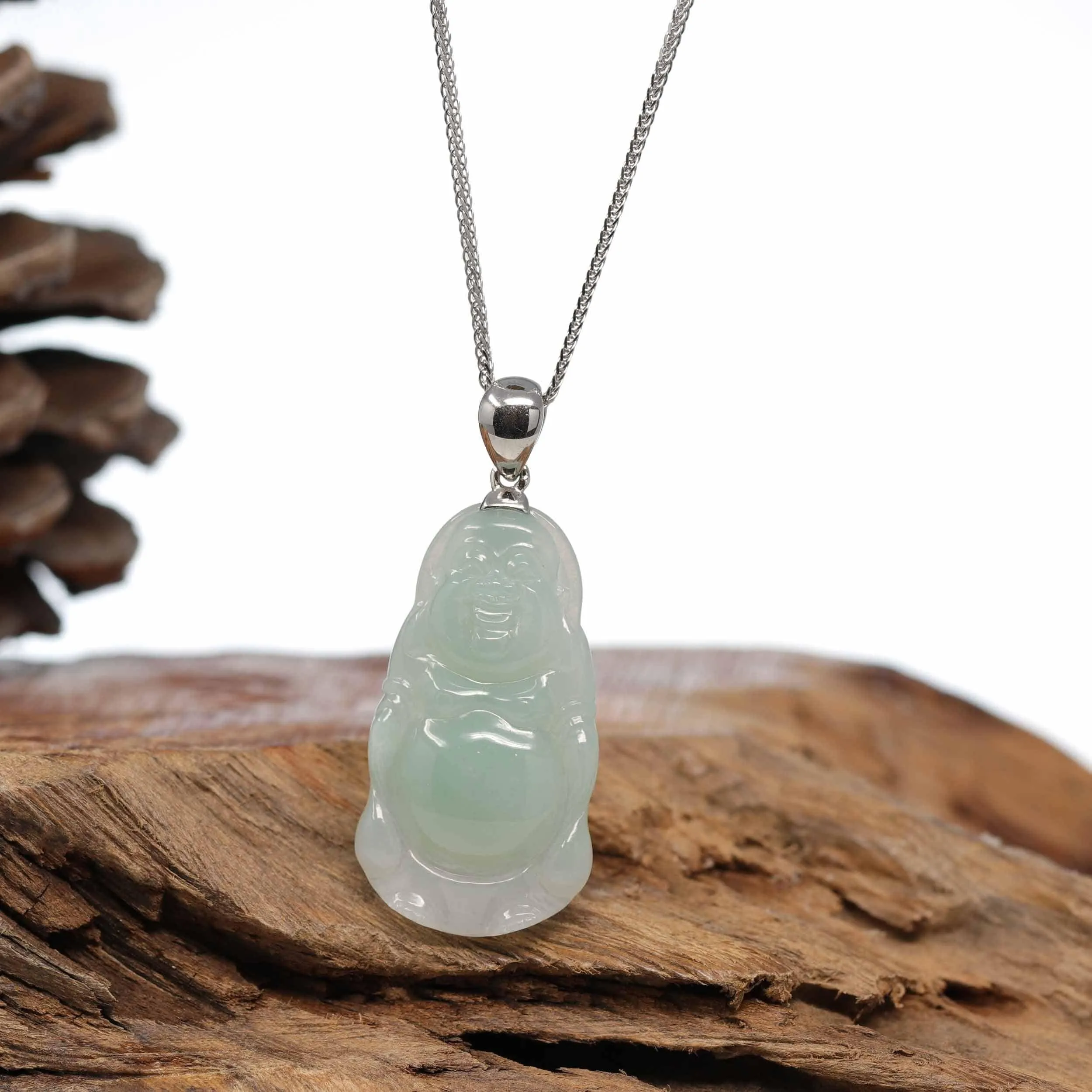 Baikalla? "Laughing Buddha" Genuine Green Jadeite Jade Buddha Pendant Necklace With Strong Silver  Bail