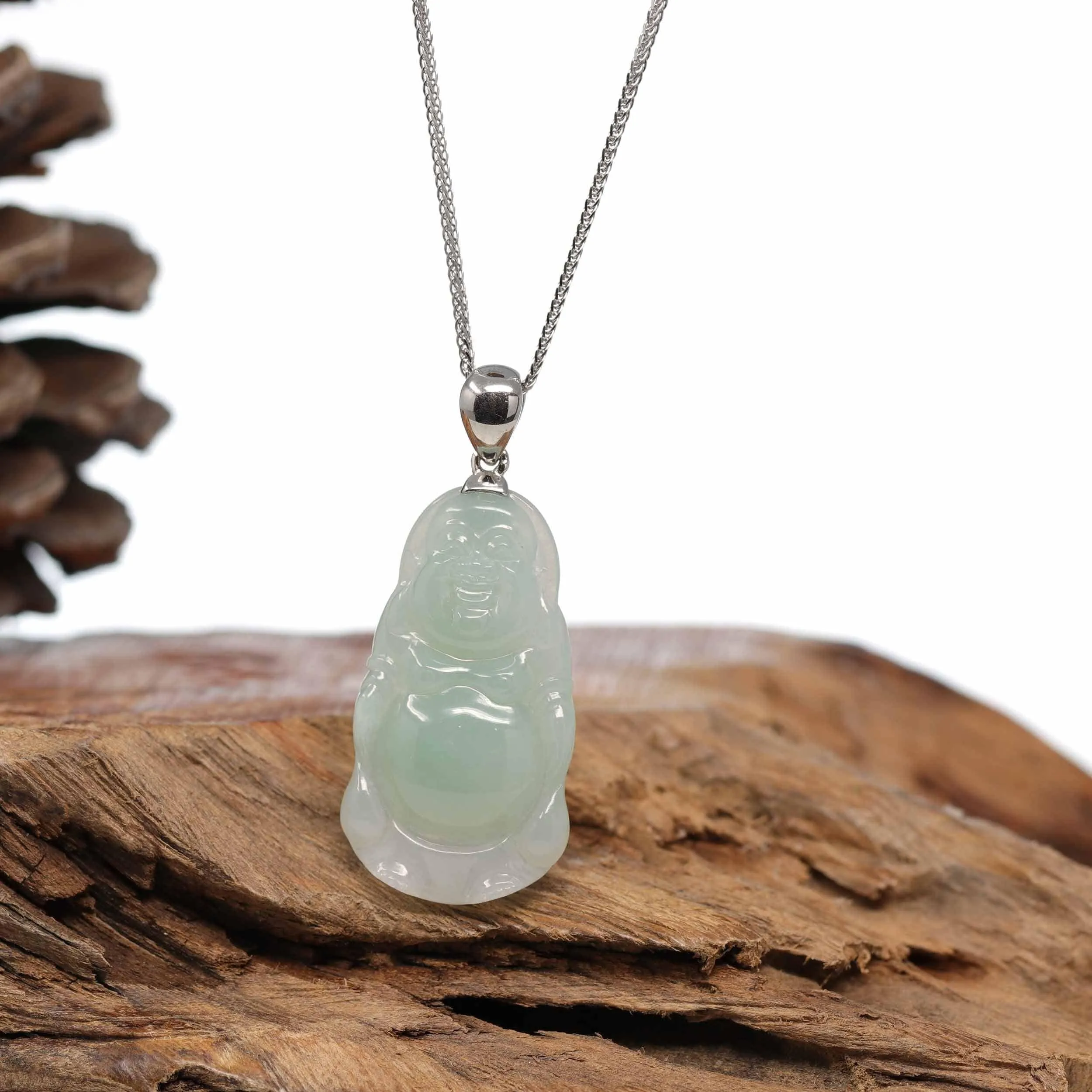 Baikalla? "Laughing Buddha" Genuine Green Jadeite Jade Buddha Pendant Necklace With Strong Silver  Bail