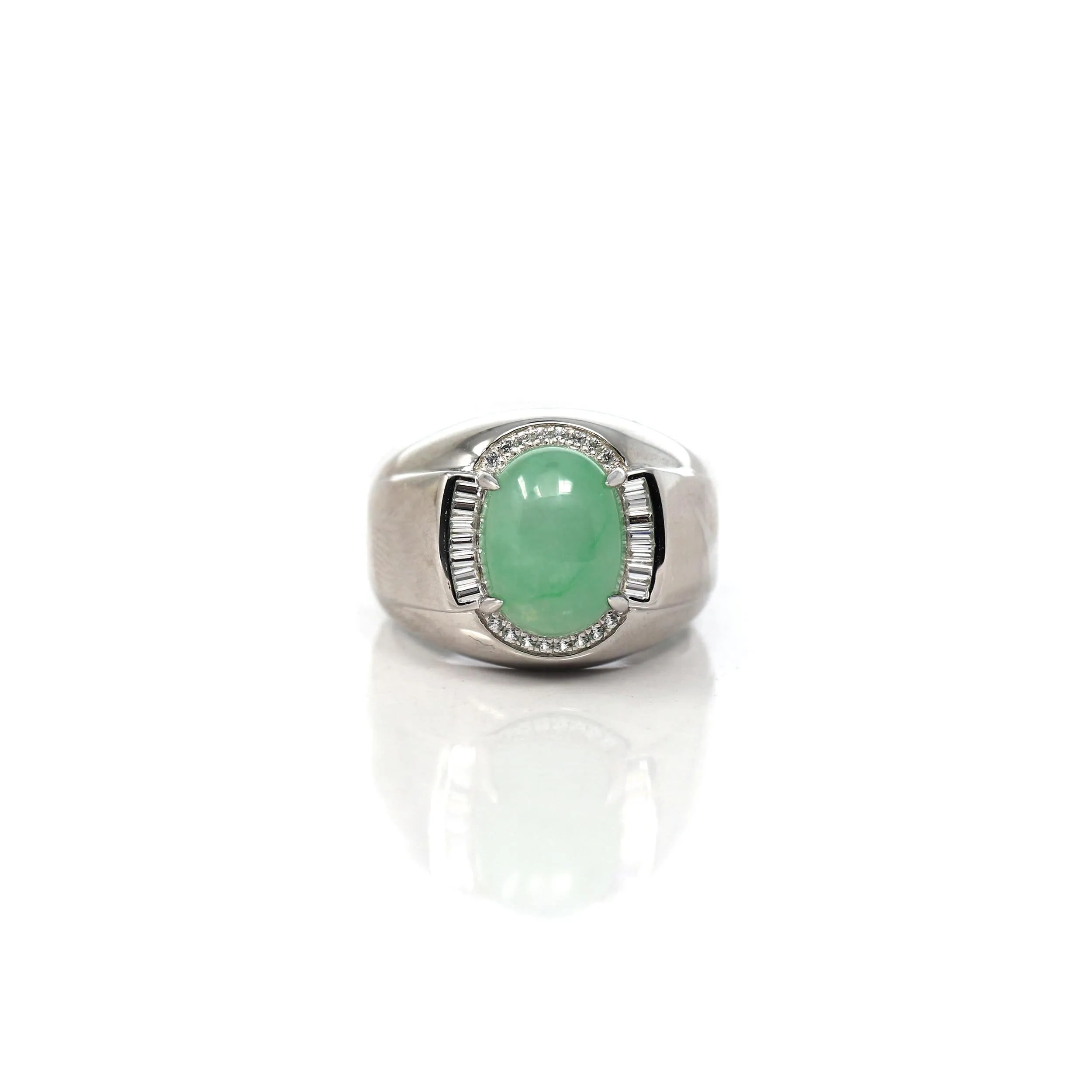 Baikalla? Sterling Silver Genuine Green Jadeite Jade Men's Ring With Sapphire