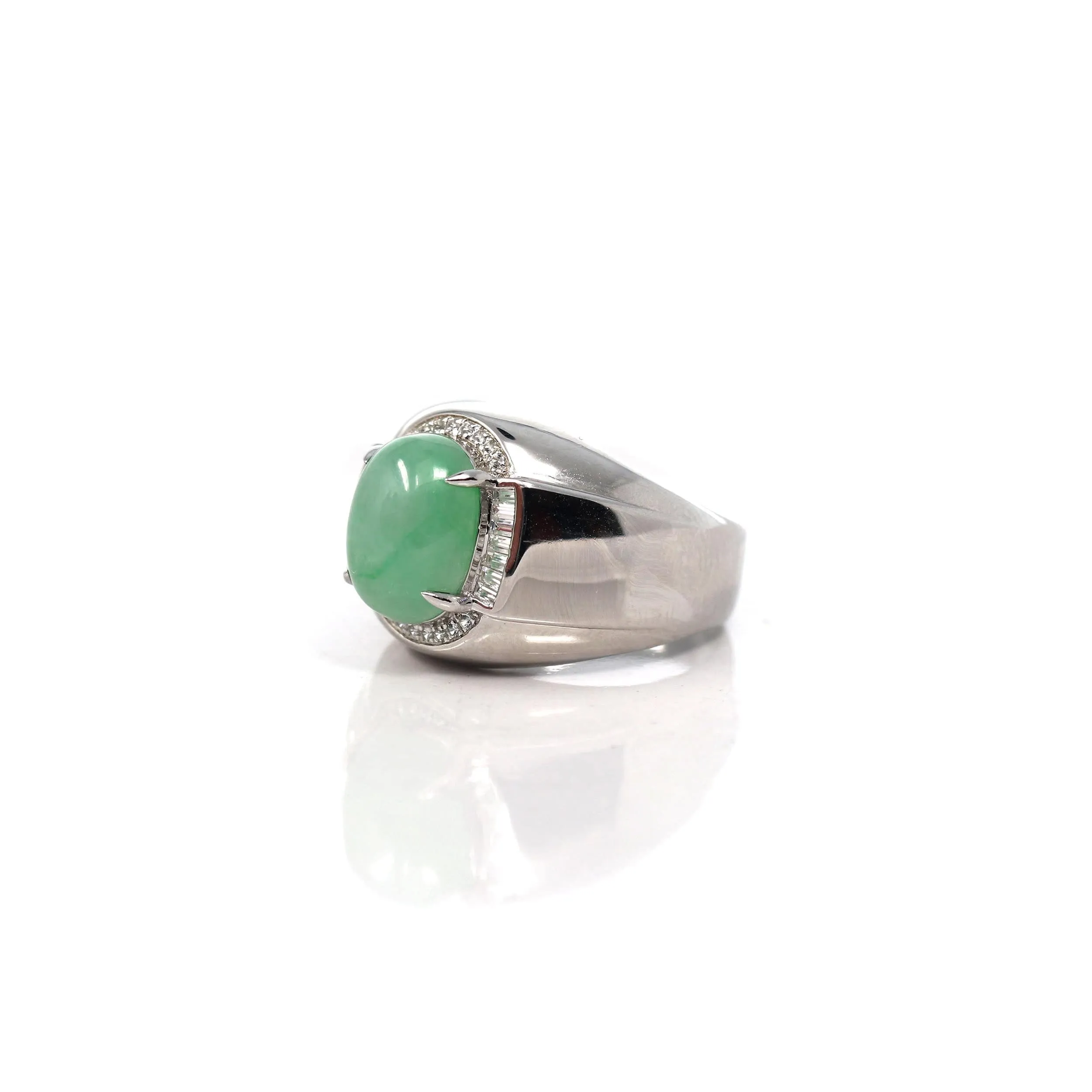 Baikalla? Sterling Silver Genuine Green Jadeite Jade Men's Ring With Sapphire