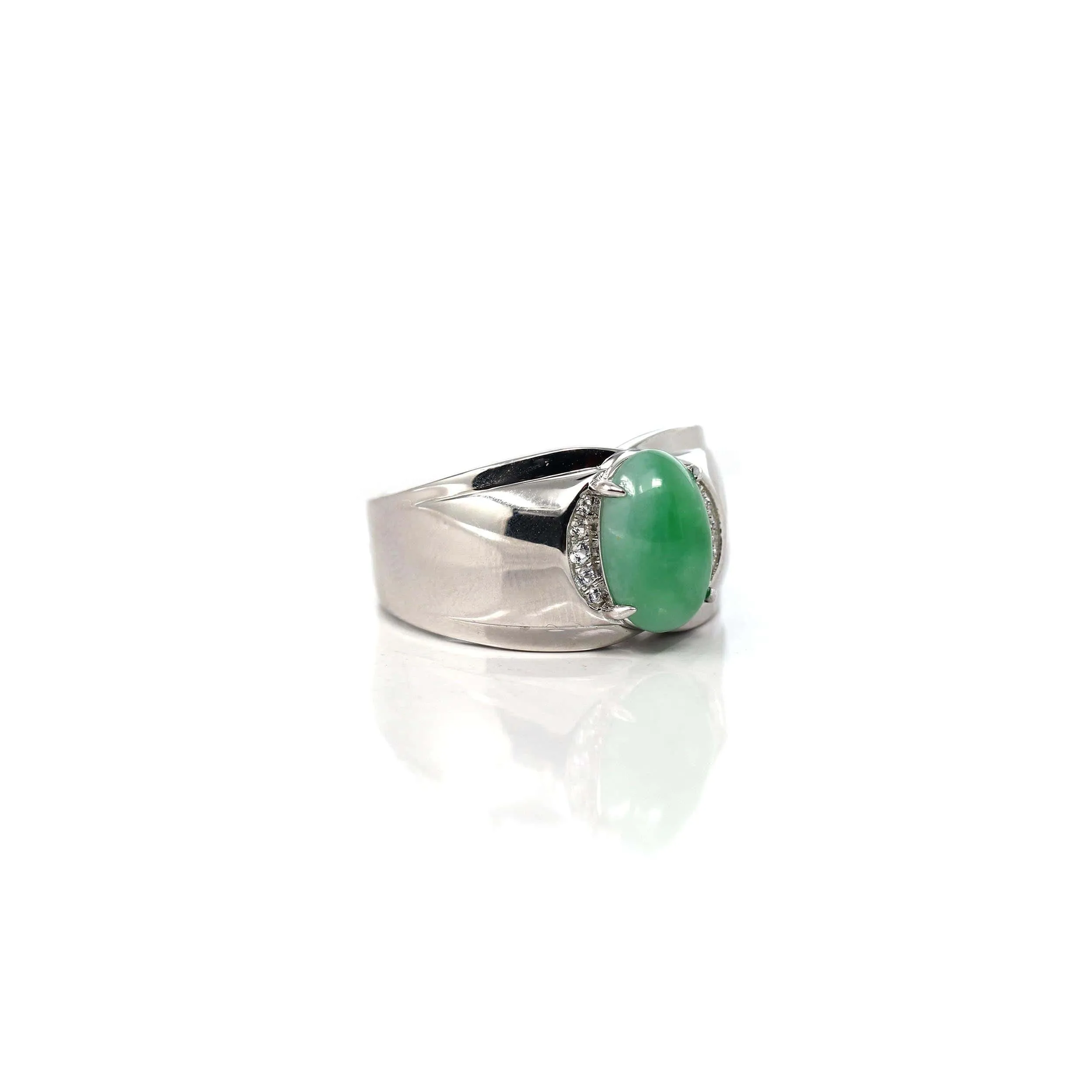 Baikalla? Sterling Silver Genuine Green Jadeite Jade Men's Ring with White Sapphire