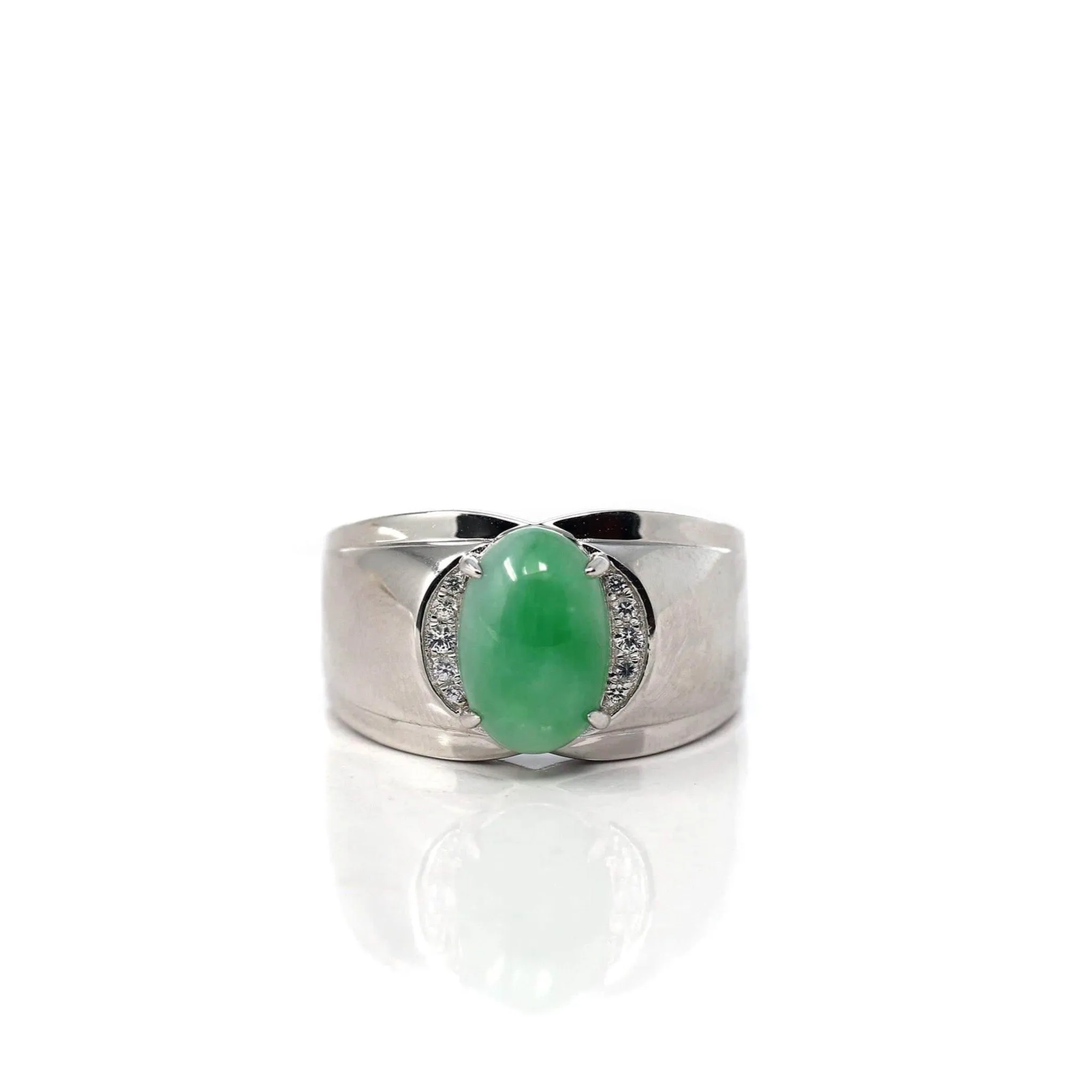 Baikalla? Sterling Silver Genuine Green Jadeite Jade Men's Ring with White Sapphire