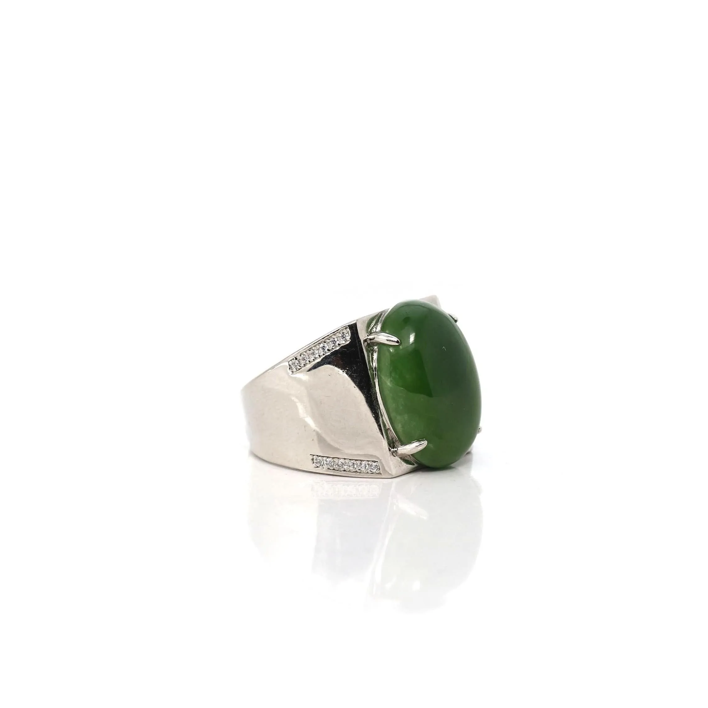 Baikalla Sterling Silver Oval Green Nephrite Jade Men's Adjustable Signet Ring With Zircon