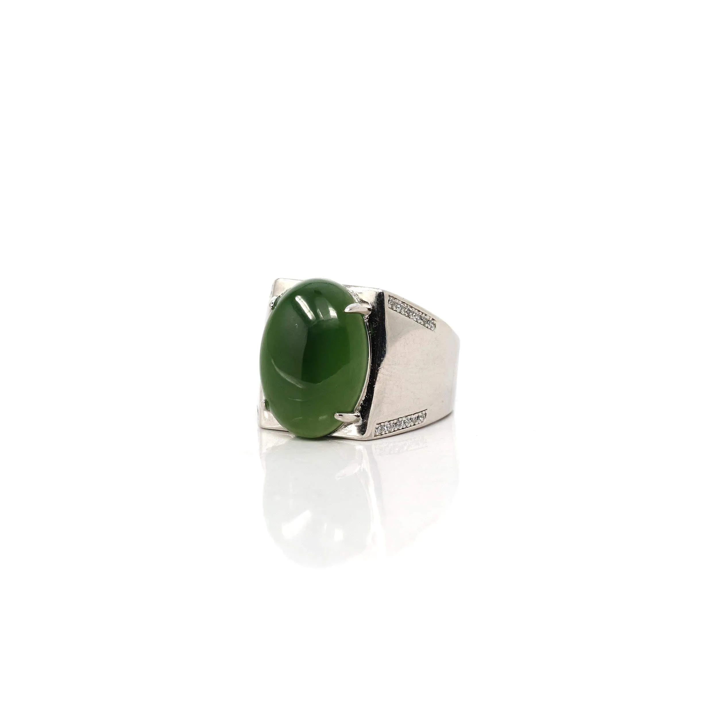 Baikalla Sterling Silver Oval Green Nephrite Jade Men's Adjustable Signet Ring With Zircon