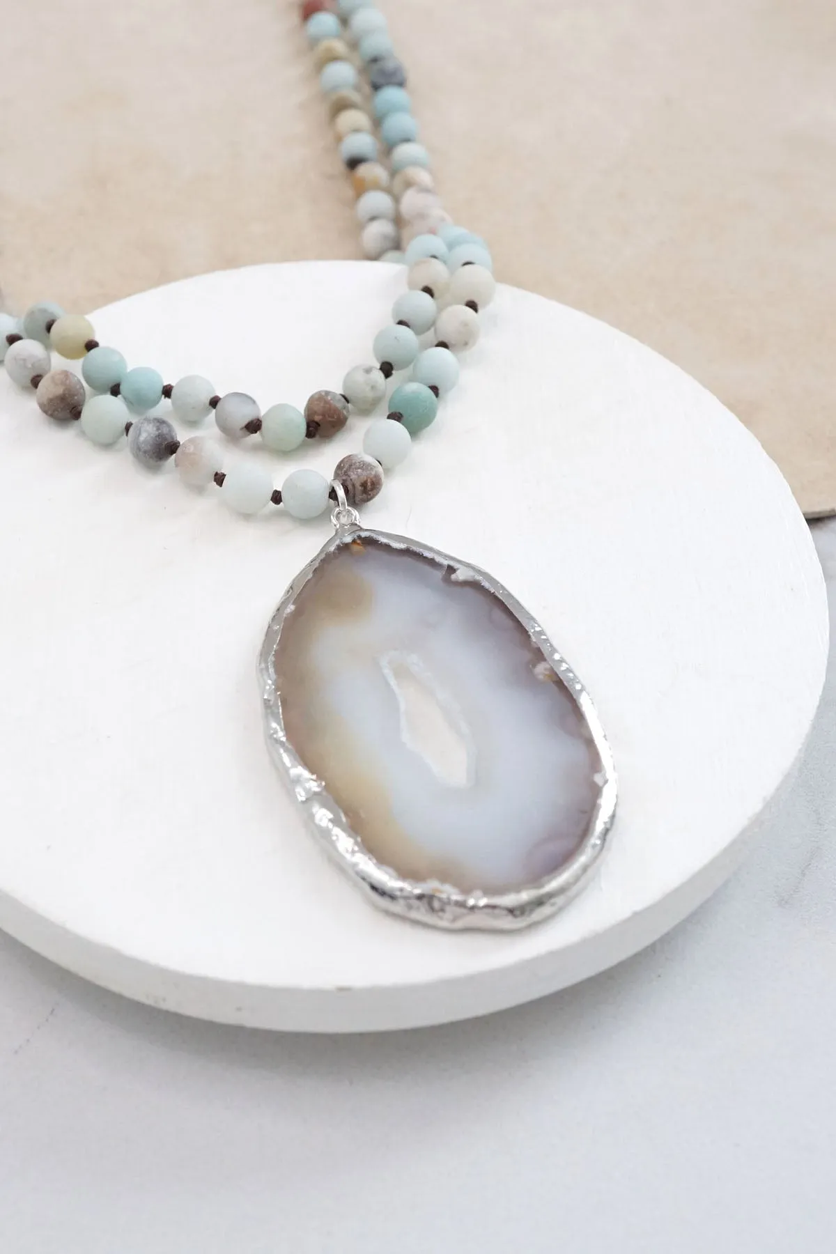 Beaded Amazonite knotted Long Necklace with Agate pendant