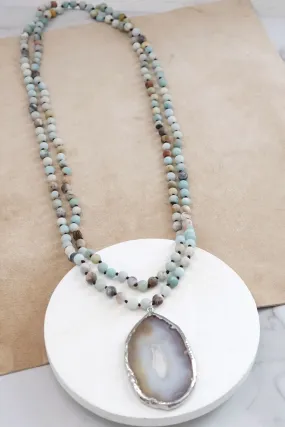 Beaded Amazonite knotted Long Necklace with Agate pendant