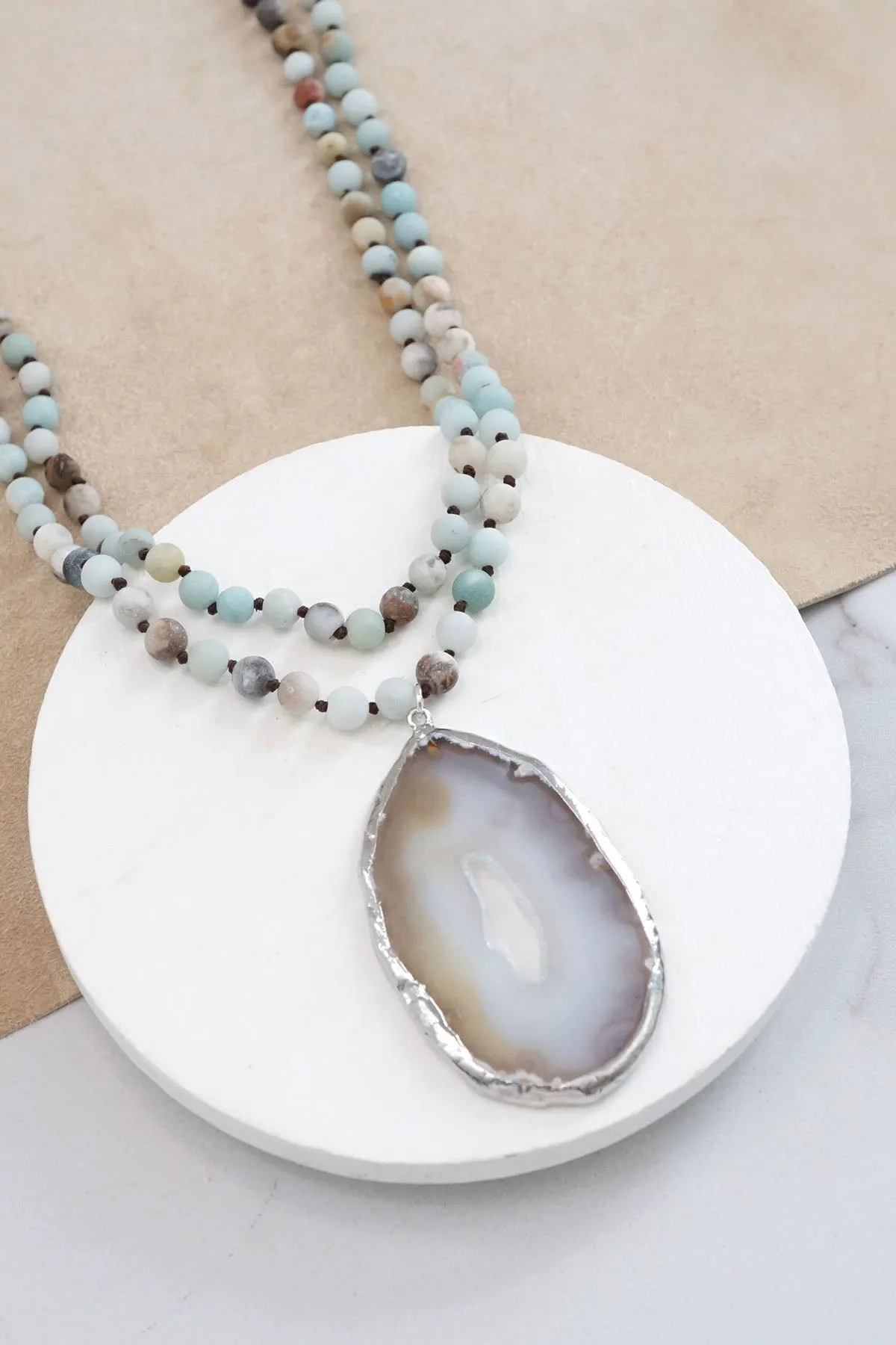 Beaded Amazonite knotted Long Necklace with Agate pendant