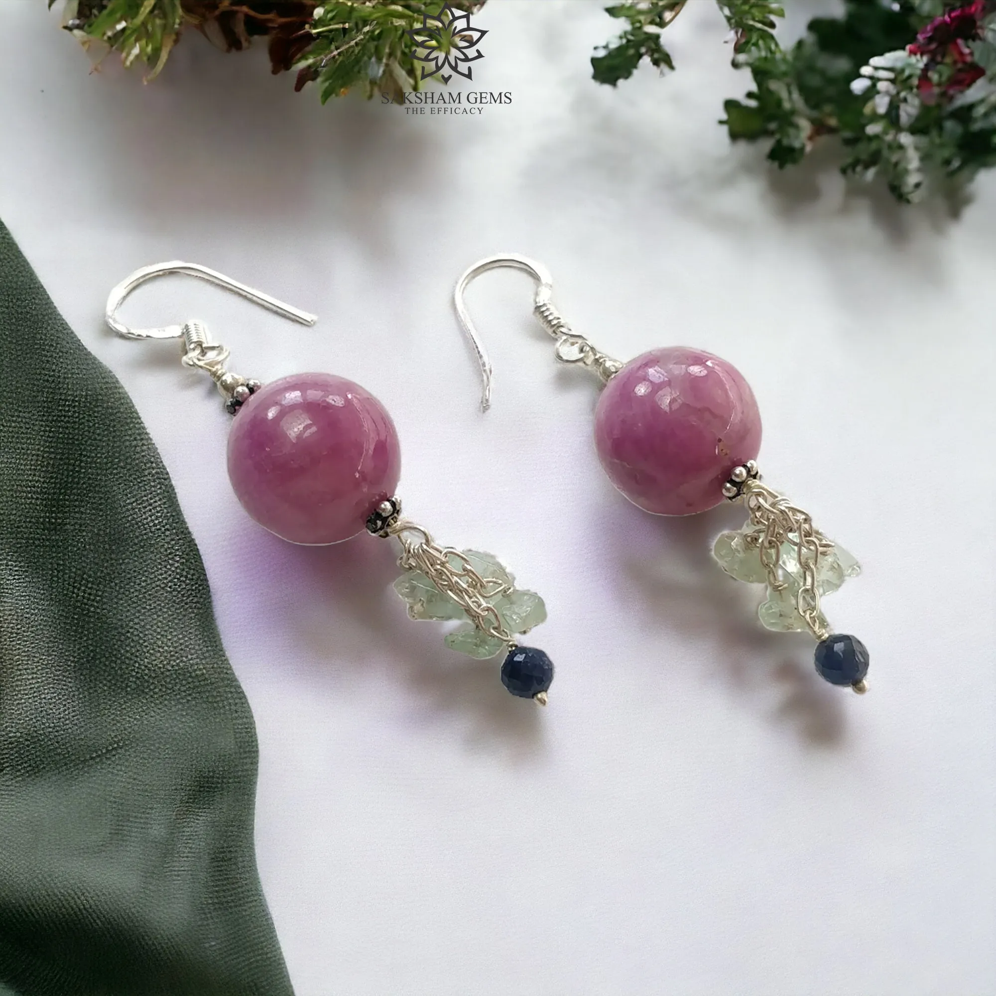 Beads Earring in Silver Zoisite RUBY & Emerald Gemstone: 12.33gms Natural Ruby Emerald 925 Silver Round Drop Dangle Hook Earrings 2.5"