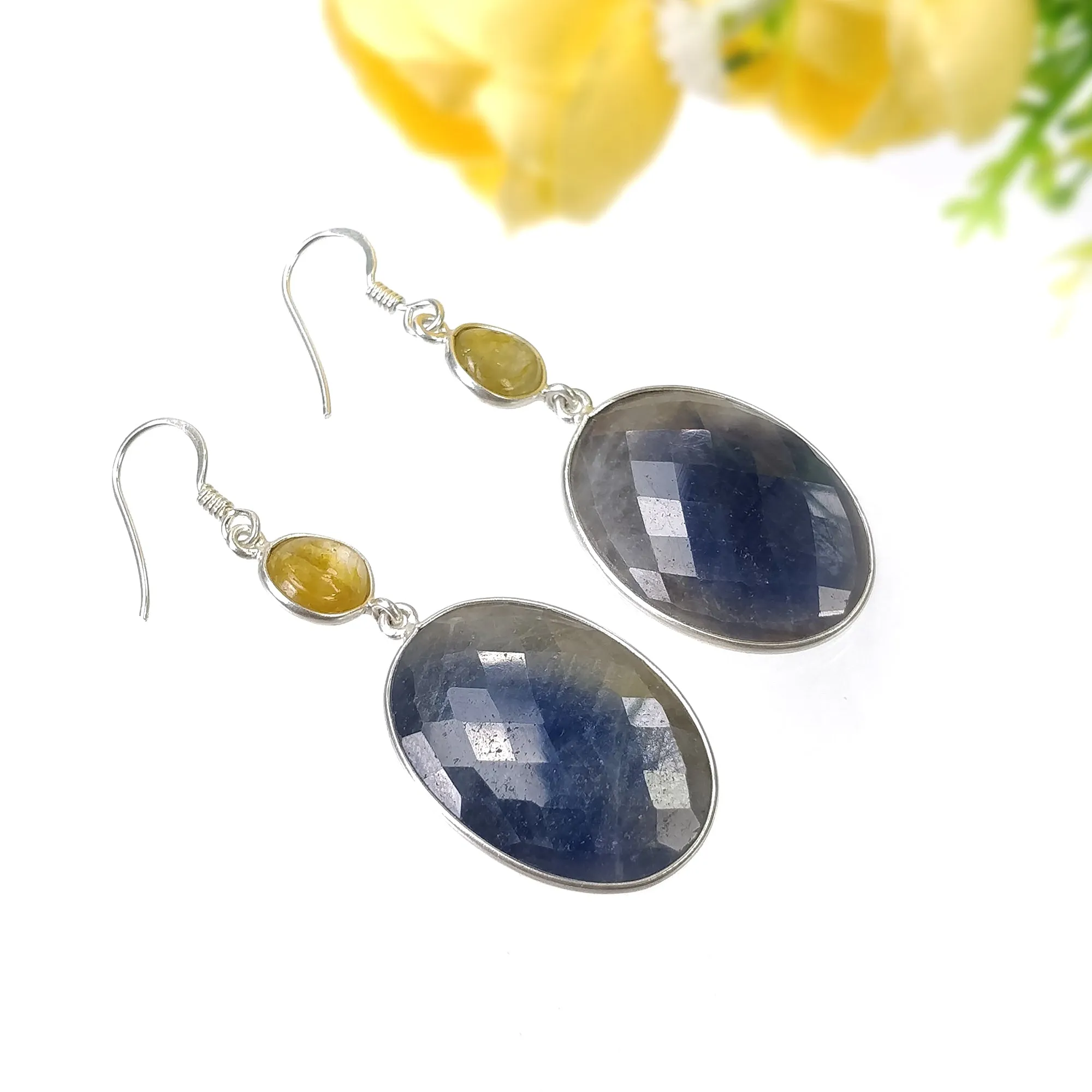 BLUE YELLOW SAPPHIRE Gemstone Earring : 13.05gms Natural Sapphire 925 Sterling Silver Drop Dangle Bezel Set Earrings 2.16"