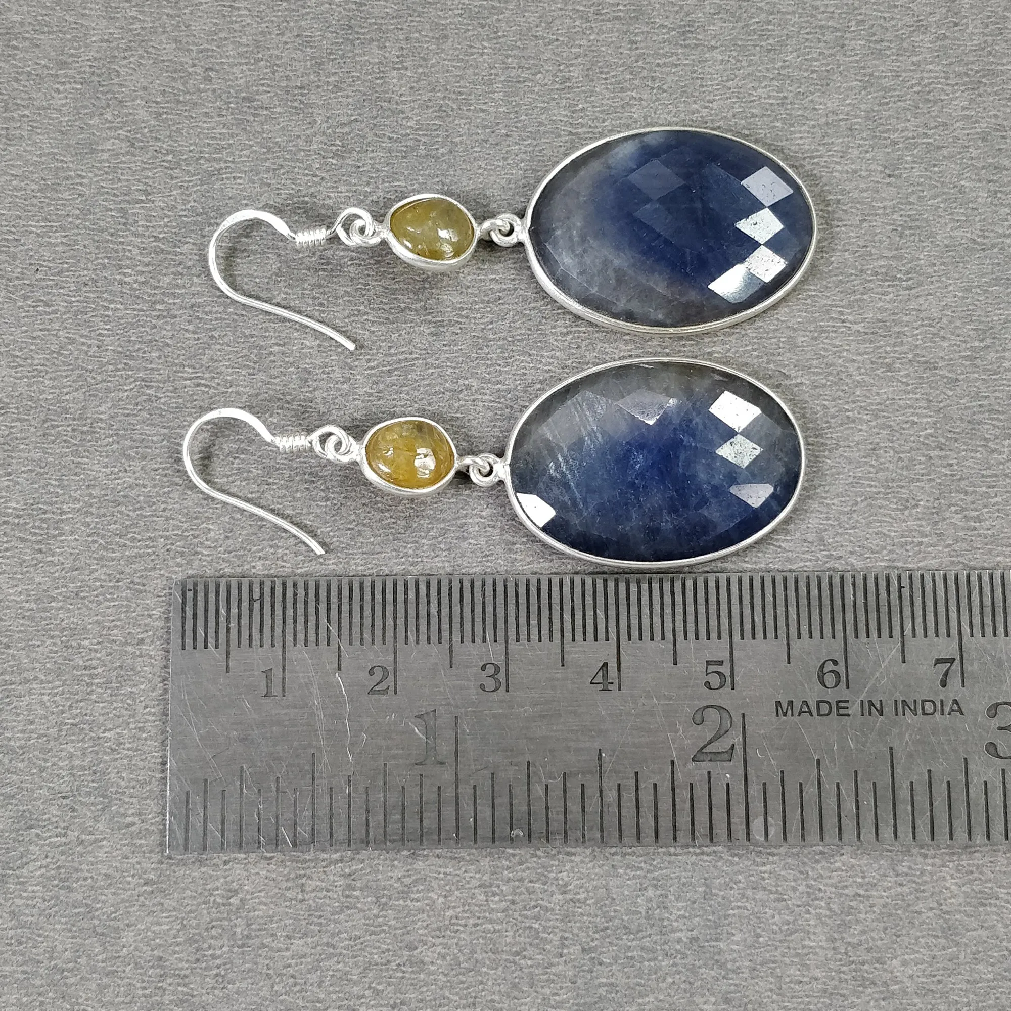 BLUE YELLOW SAPPHIRE Gemstone Earring : 13.05gms Natural Sapphire 925 Sterling Silver Drop Dangle Bezel Set Earrings 2.16"